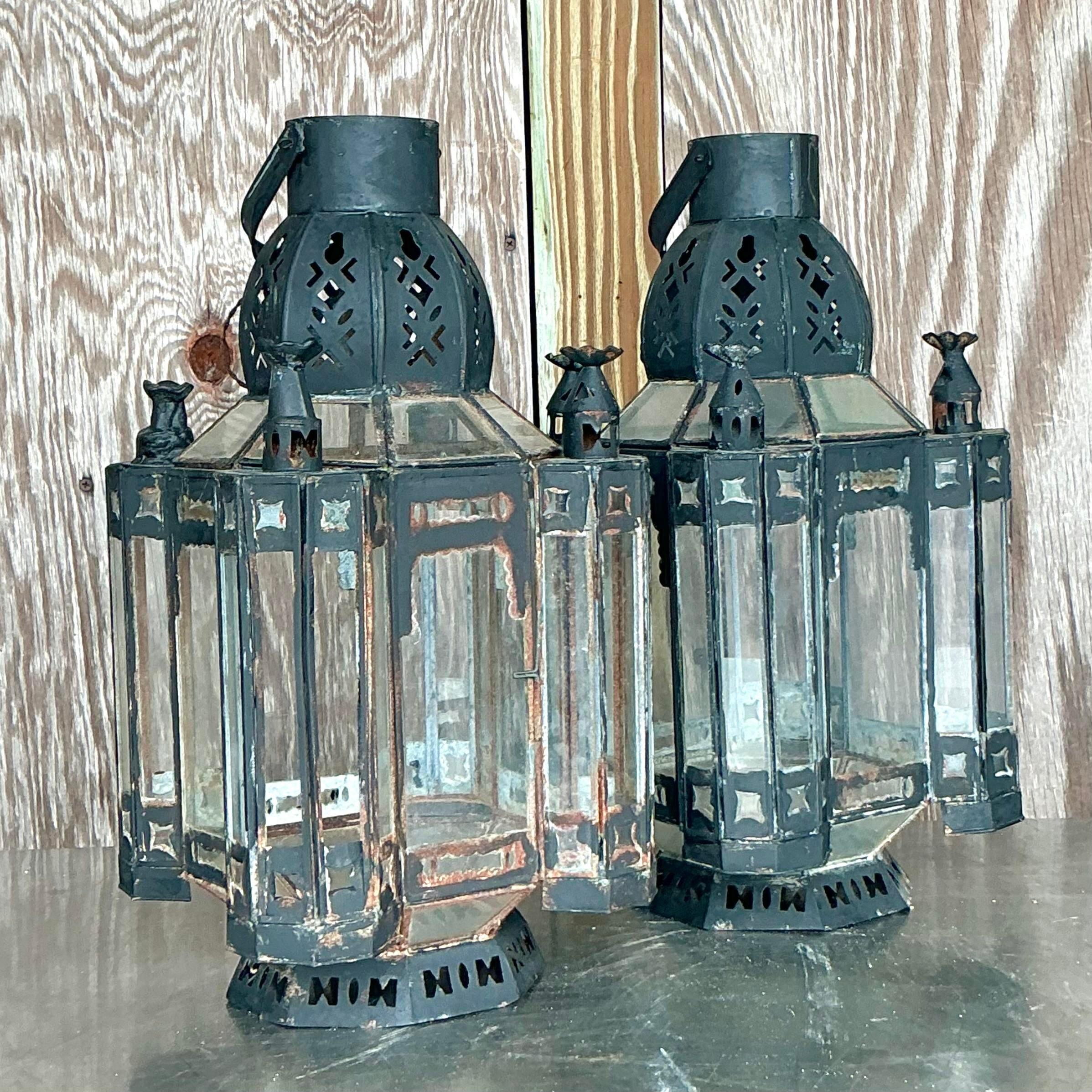 20th Century Vintage Boho Metal Moroccan Lanterns - a Pair For Sale