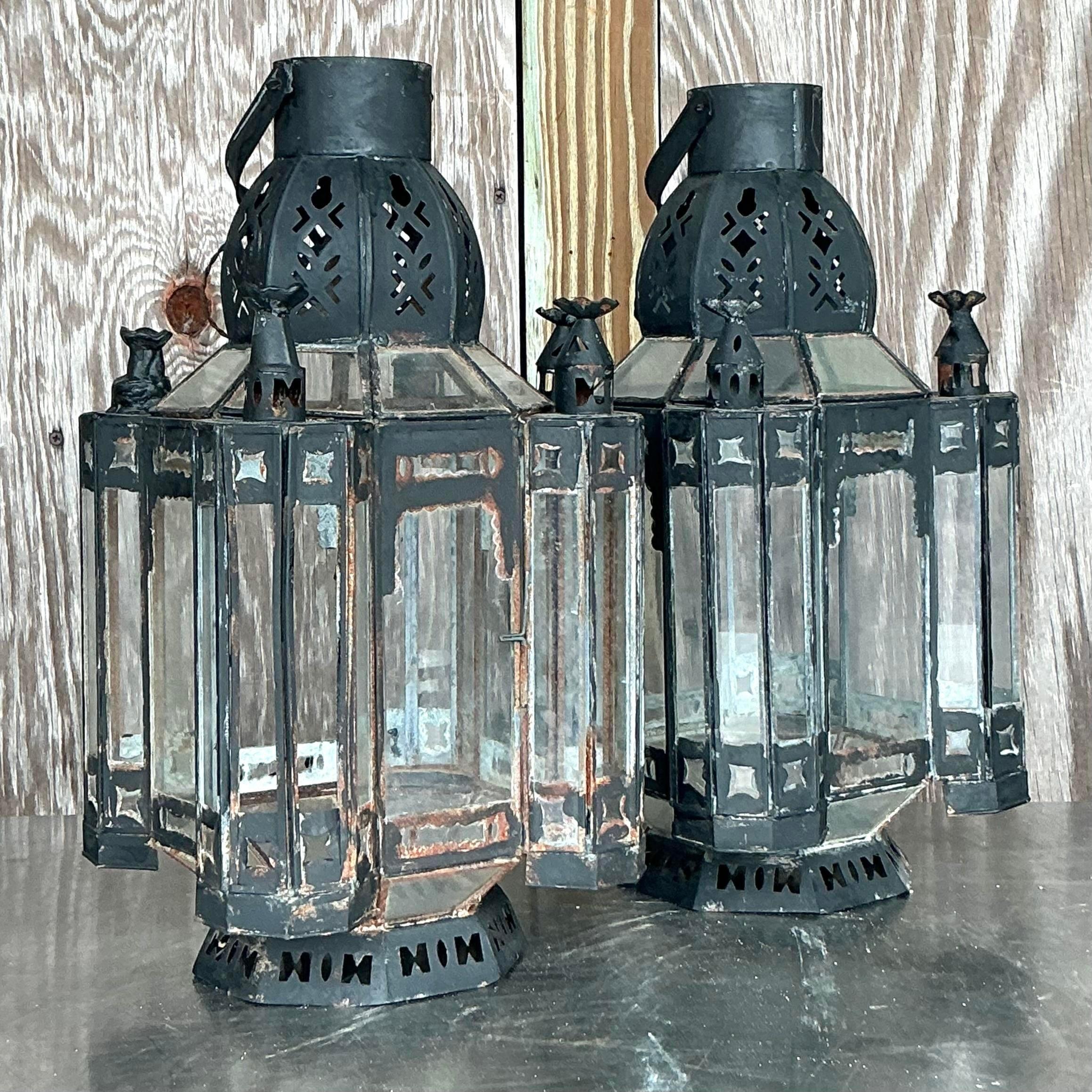 Vintage Boho Metal Moroccan Lanterns - a Pair For Sale 1