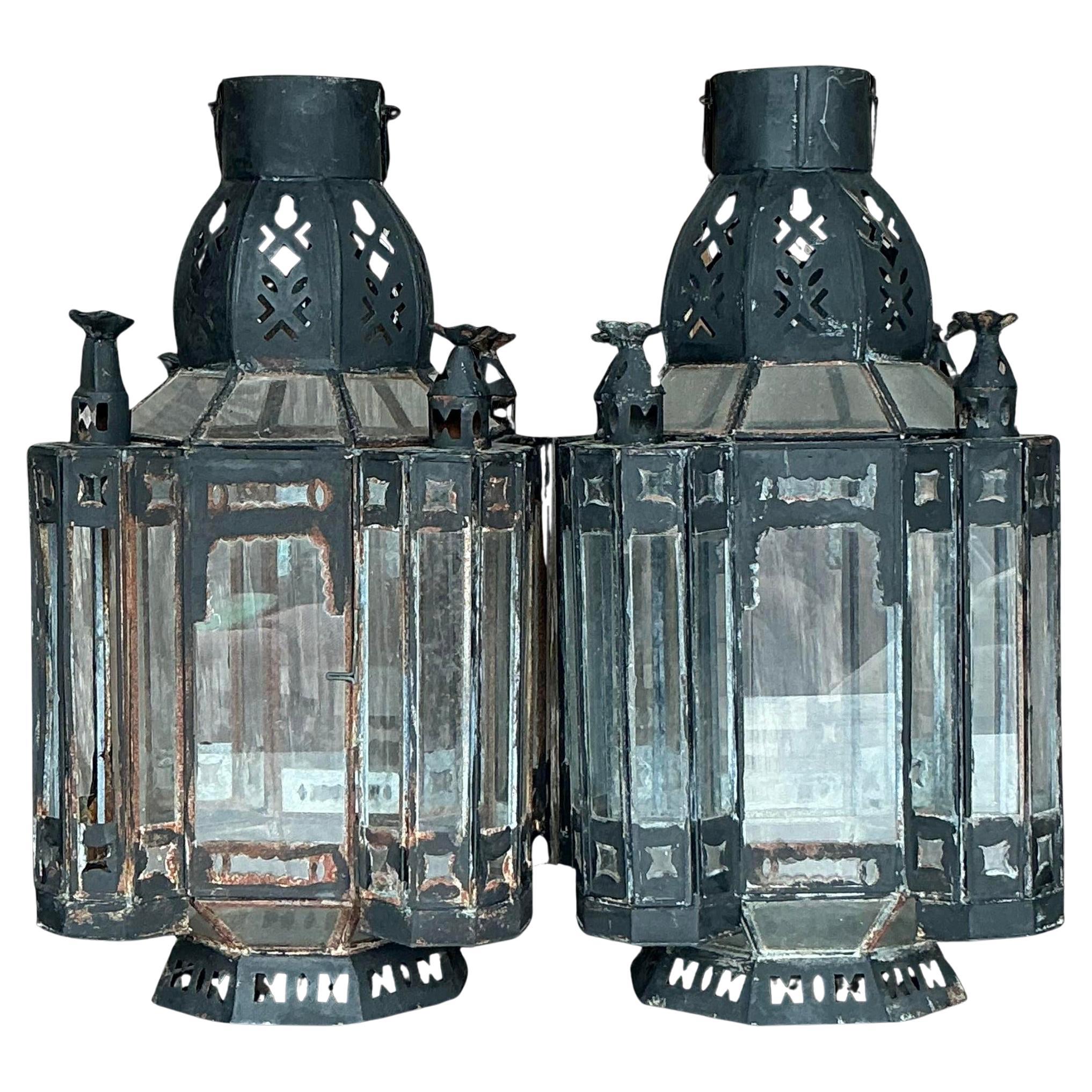 Vintage Boho Metal Moroccan Lanterns - a Pair