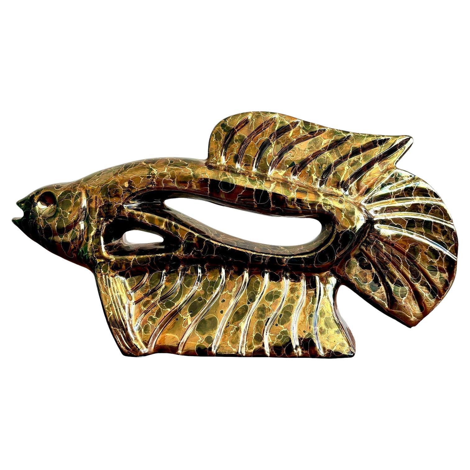 Pesce vintage in ceramica smaltata metallizzata Boho in vendita