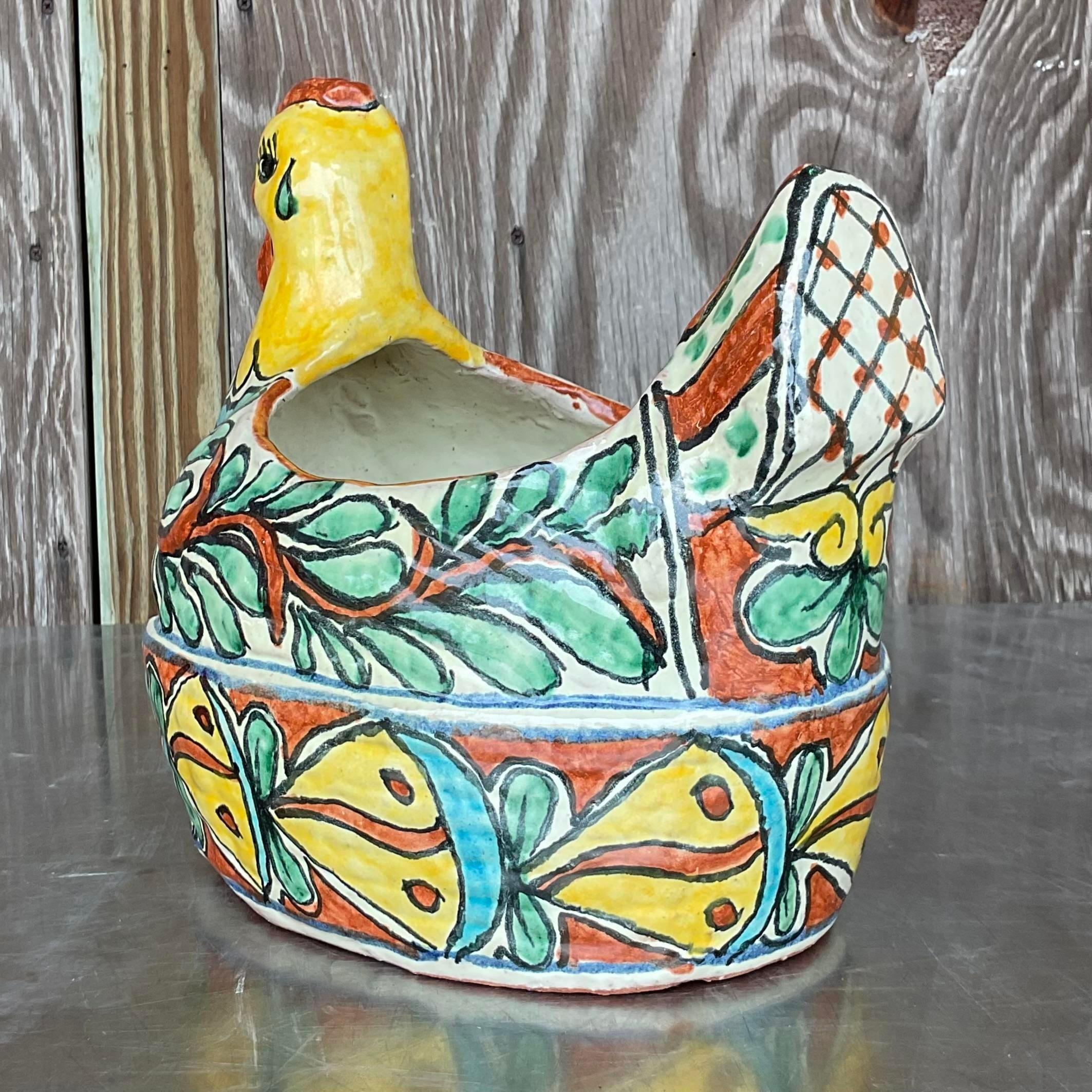Vintage Boho Mexican Glazed Ceramic Chicken Planter In Good Condition For Sale In west palm beach, FL