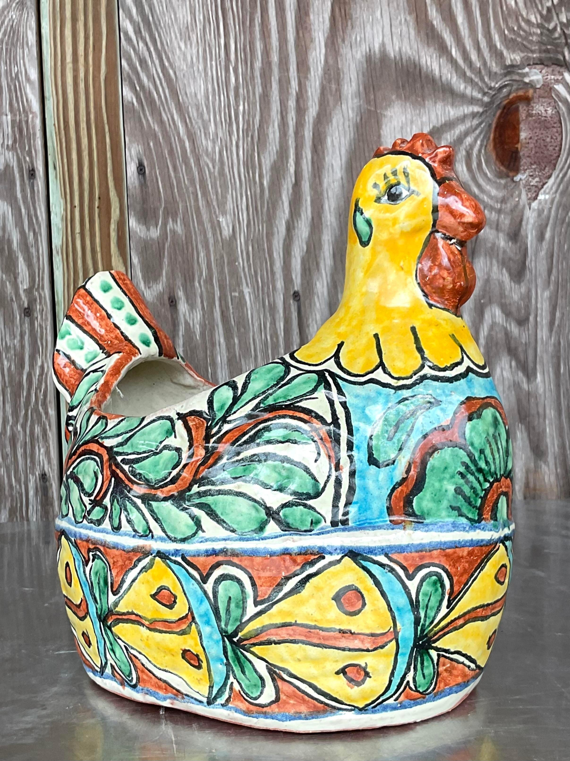 20th Century Vintage Boho Mexican Glazed Ceramic Chicken Planter For Sale