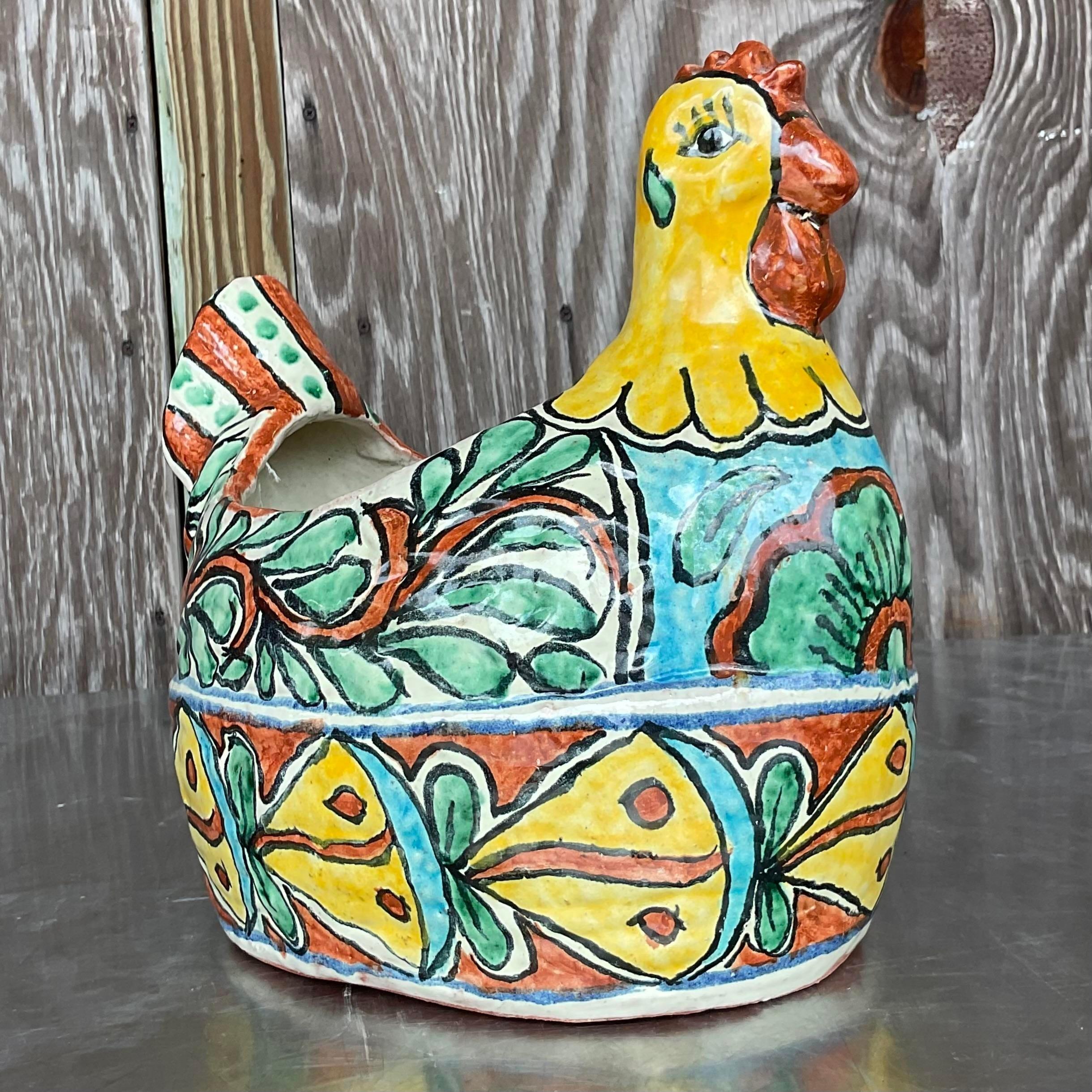 Vintage Boho Mexican Glazed Ceramic Chicken Planter For Sale 1