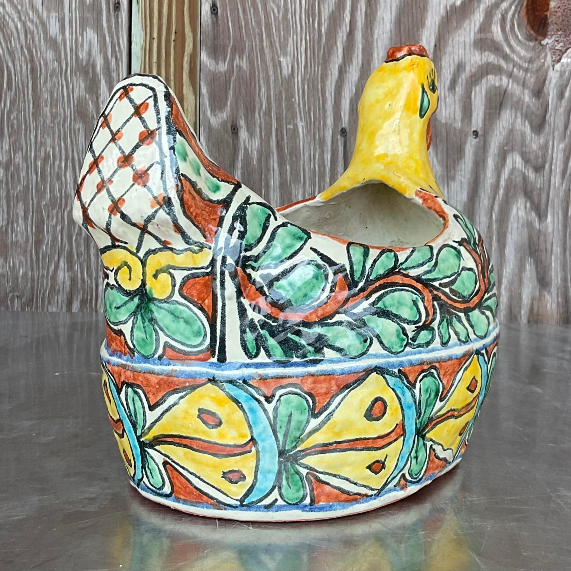 Vintage Boho Mexican Glazed Ceramic Chicken Planter For Sale 2