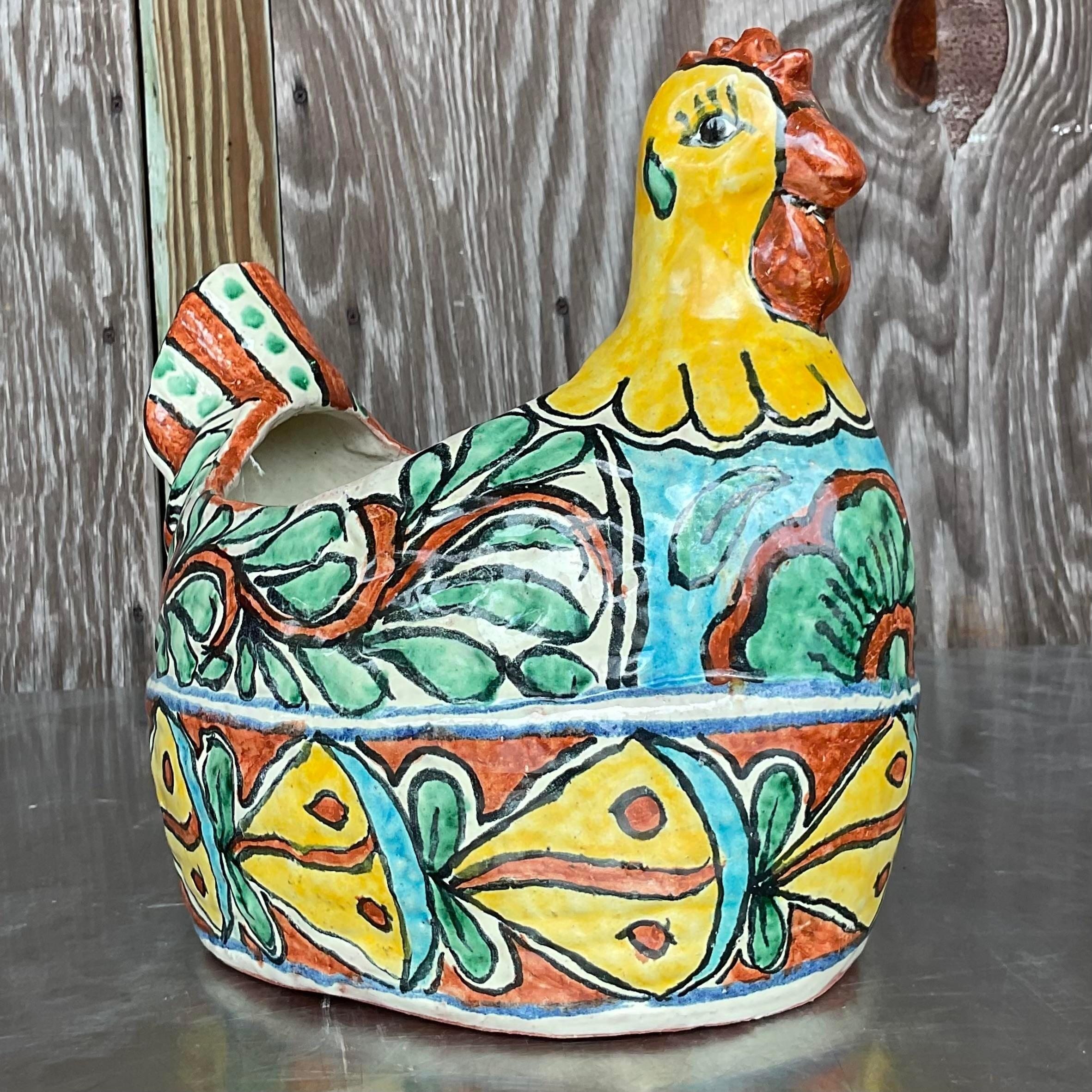 Vintage Boho Mexican Glazed Ceramic Chicken Planter For Sale 3