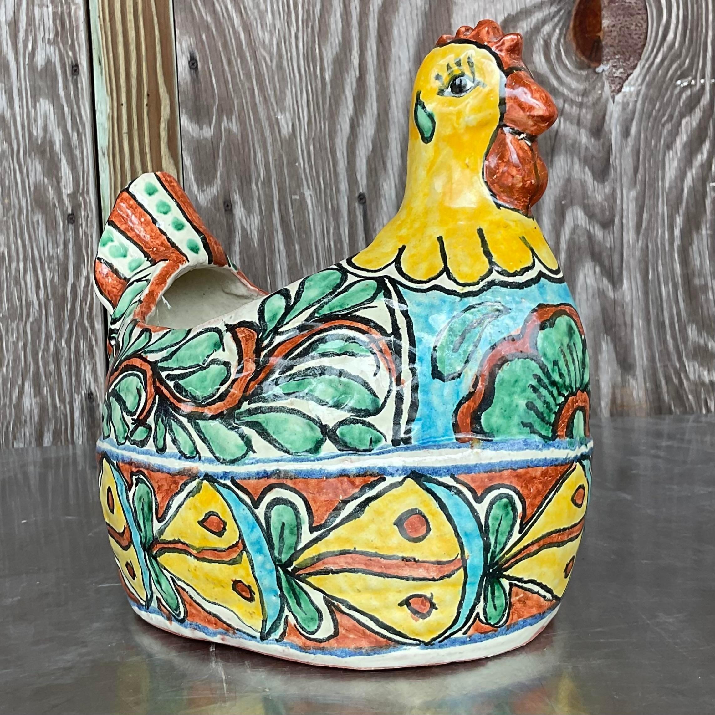 Vintage Boho Mexican Glazed Ceramic Chicken Planter For Sale 4