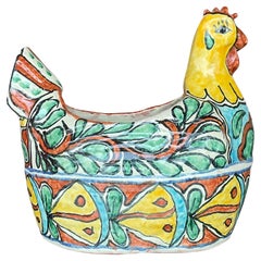 Vintage Boho Mexican Glazed Ceramic Chicken Planter