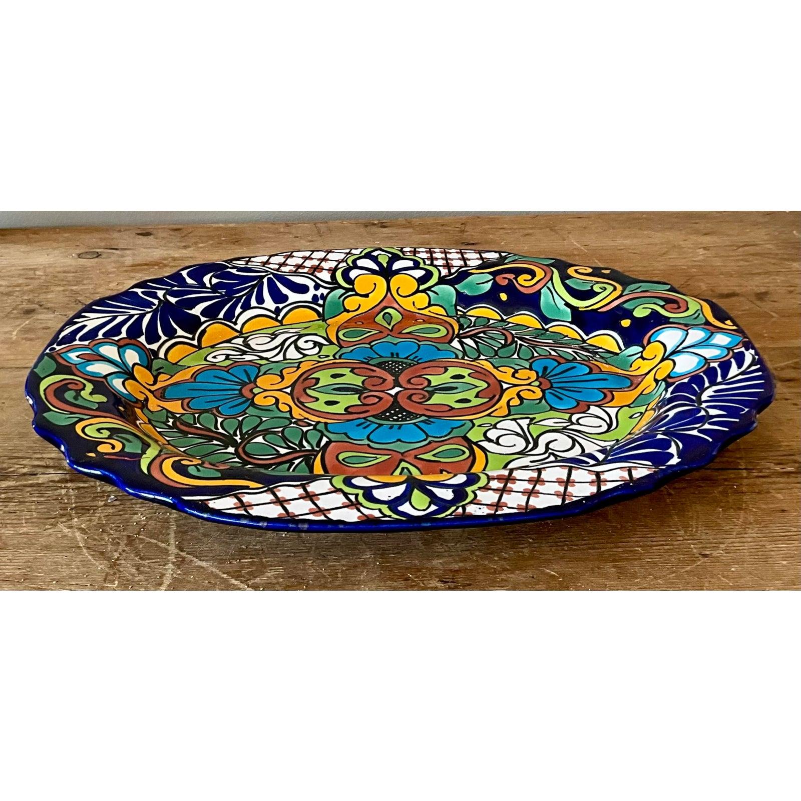 Grès Plateau vintage boho mexicain peint à la main en vente