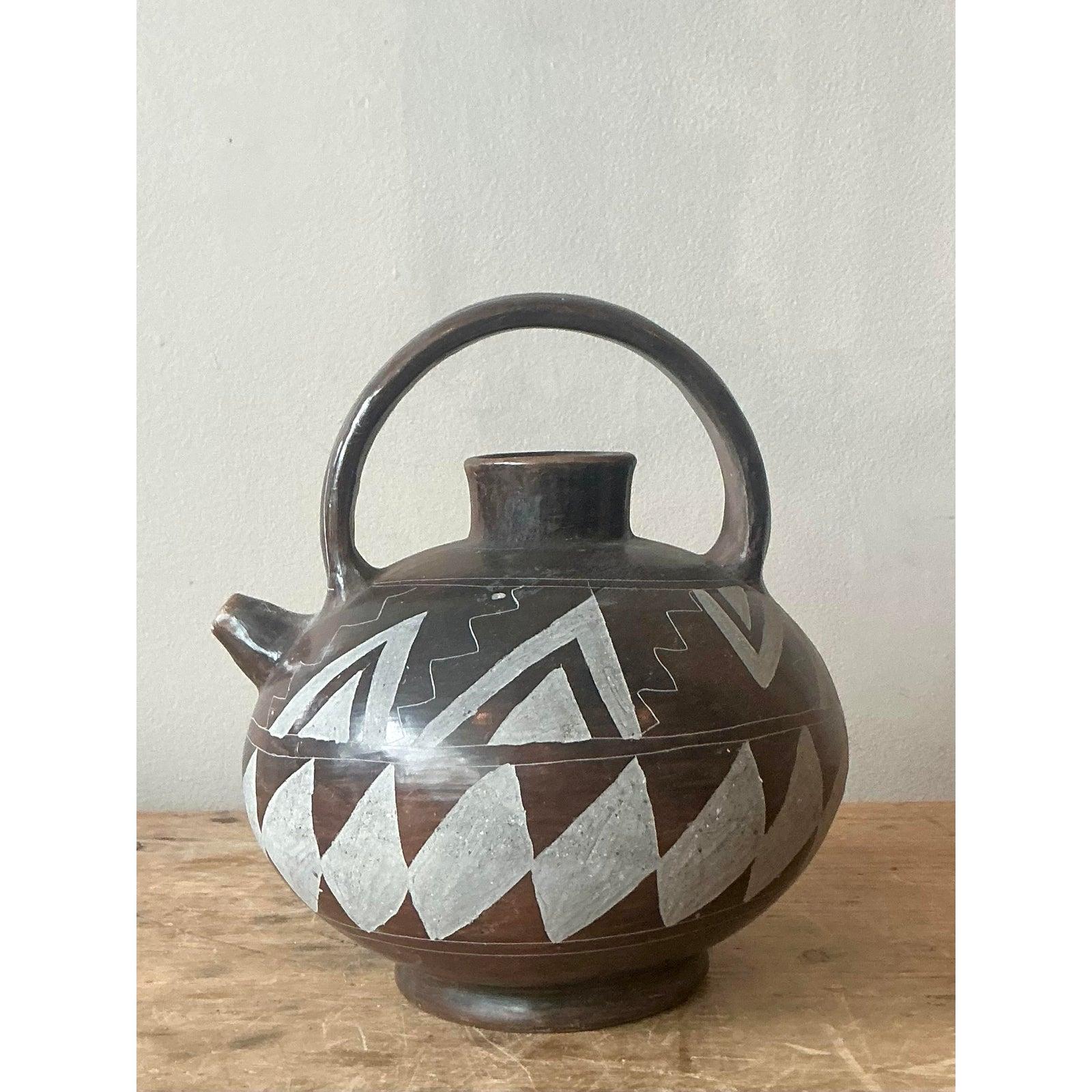 Vintage Boho Mexican Hand bemalt Terrakotta Wasserkrug im Zustand „Gut“ im Angebot in West Palm Beach, FL