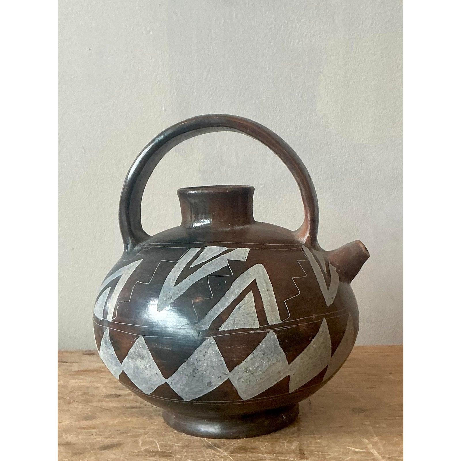 Vintage Boho Mexican Hand bemalt Terrakotta Wasserkrug (20. Jahrhundert) im Angebot