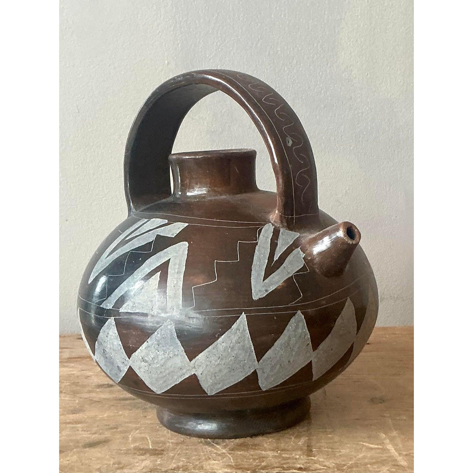 Vintage Boho Mexican Hand bemalt Terrakotta Wasserkrug (Keramik) im Angebot