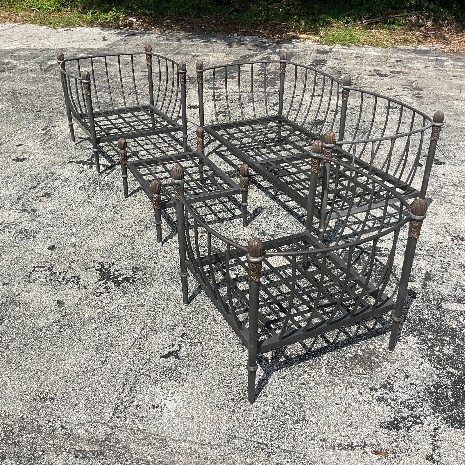 An extraordinary vintage Boho Aluminum patio set. Made by the iconic Michael Taylor, but an even more rare early 2000s collection. Unmarked. The set includes a sofa, two deep lounge chairs and an ottoman. A fabulous set of pale green cushions with a