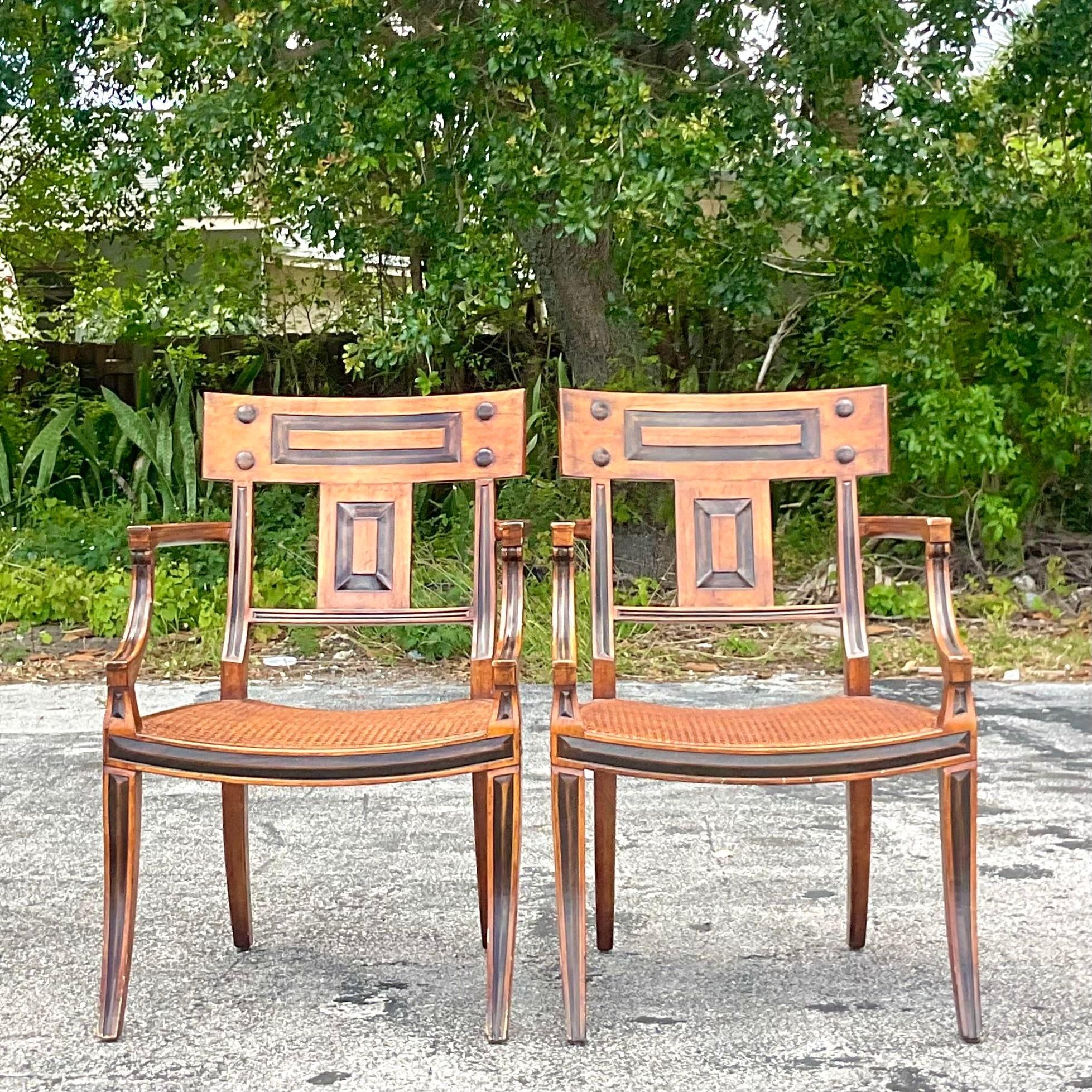 Cane Vintage Boho Michael Taylor for Baker Klismos Chairs - a Pair For Sale