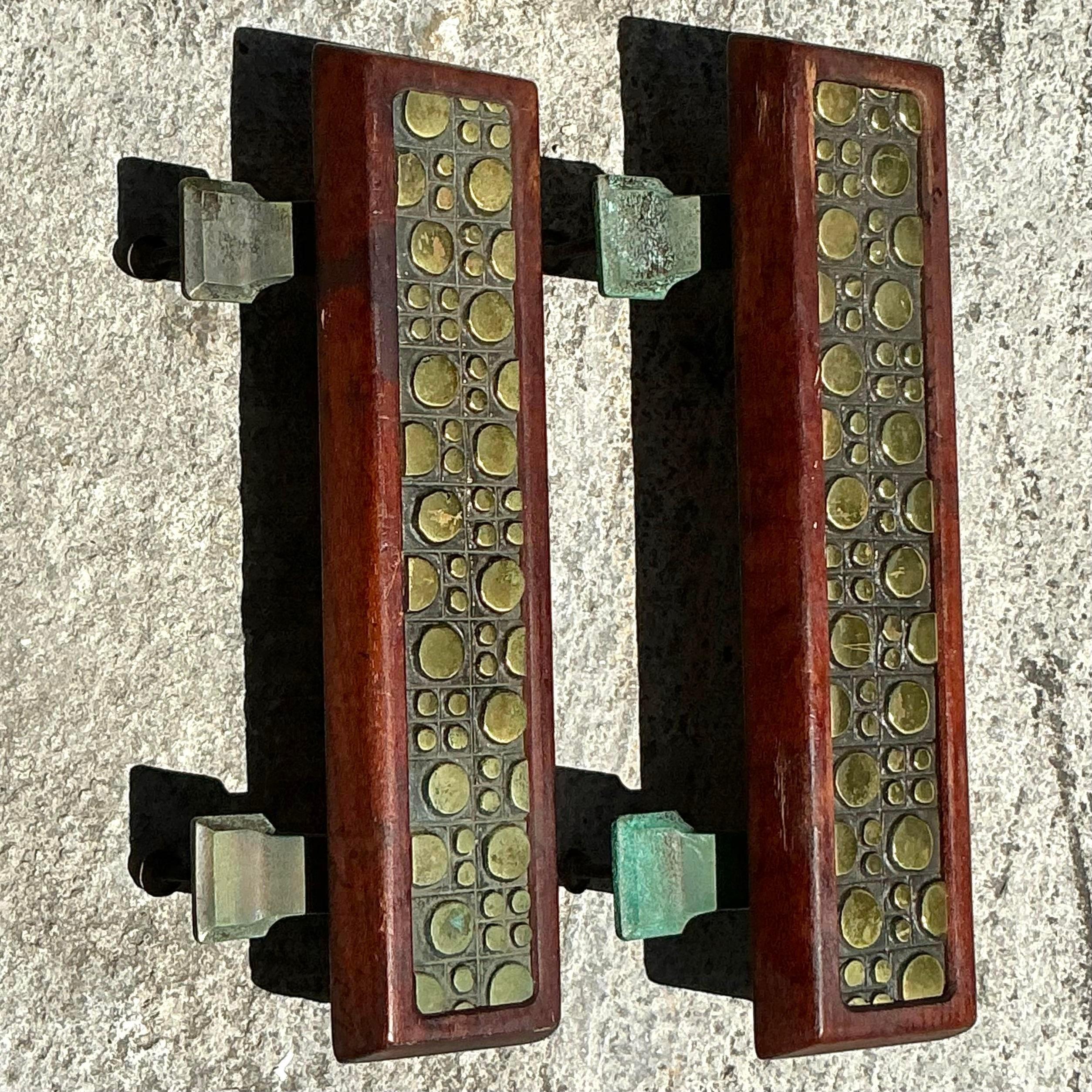 American Vintage Boho Mid-Century Modern Patinated Abstract Geometric Door Pulls - a Pr For Sale