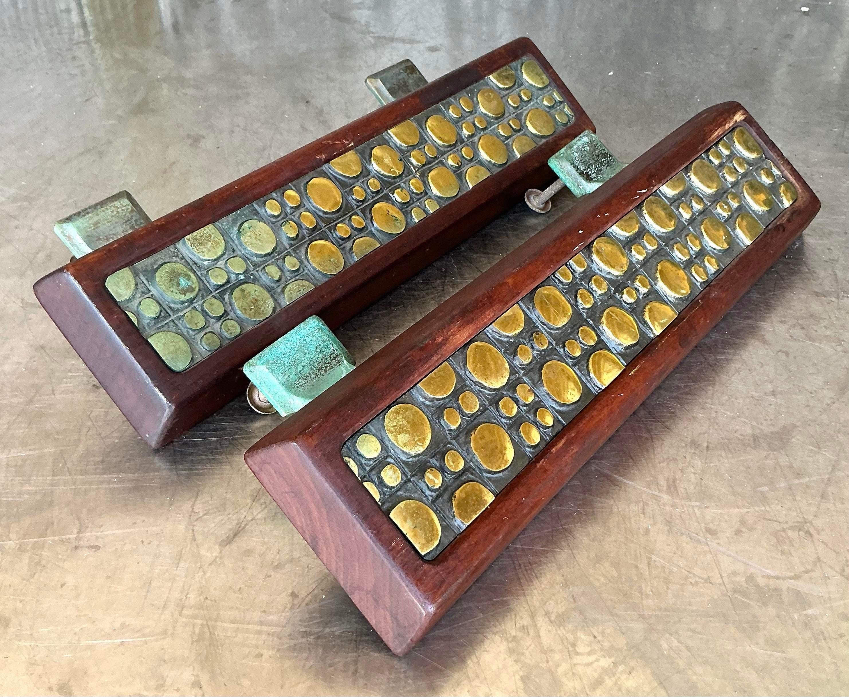 Vintage Boho Mid-Century Modern Patinated Abstract Geometric Door Pulls - a Pr In Good Condition For Sale In West Palm Beach, FL