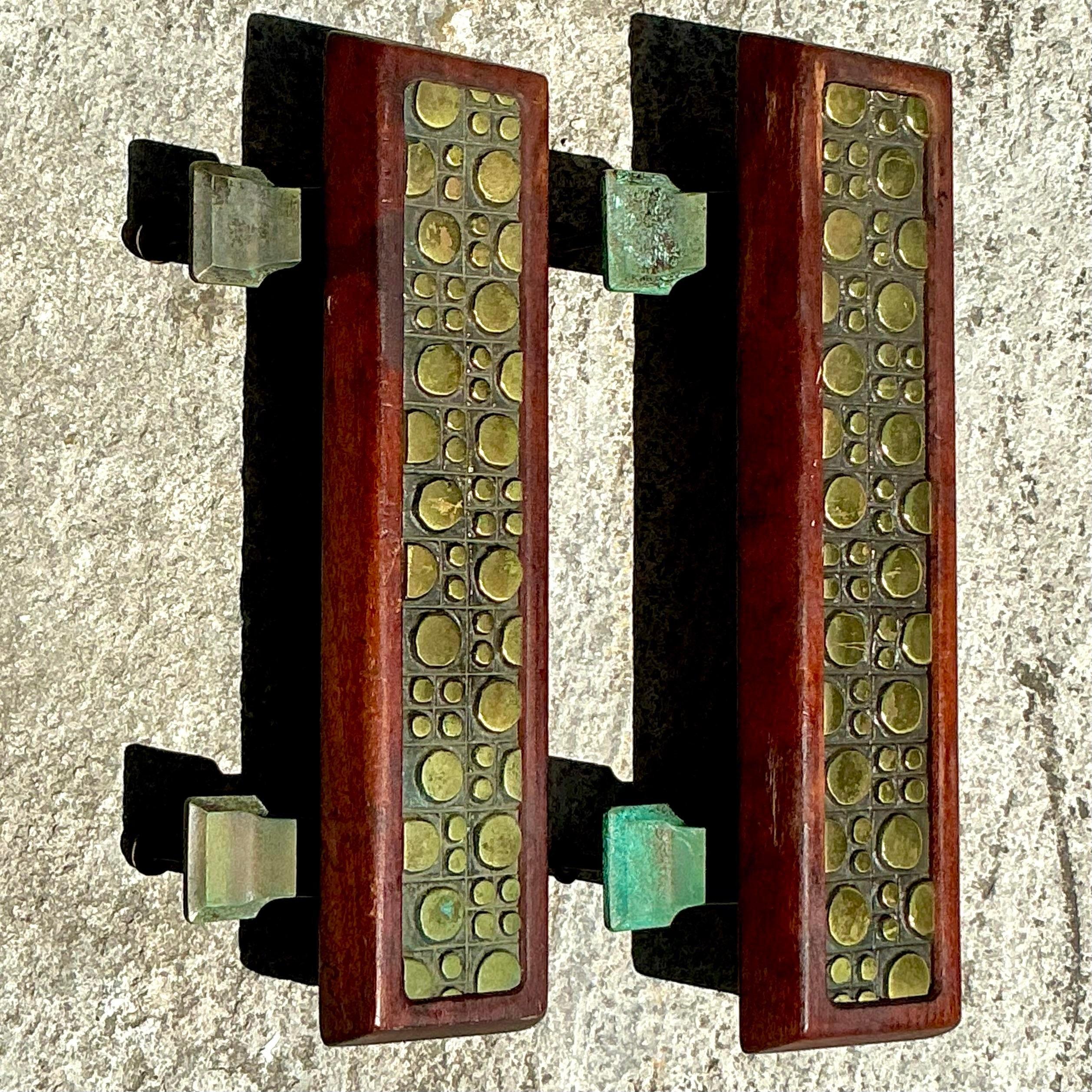 Metal Vintage Boho Mid-Century Modern Patinated Abstract Geometric Door Pulls - a Pr For Sale