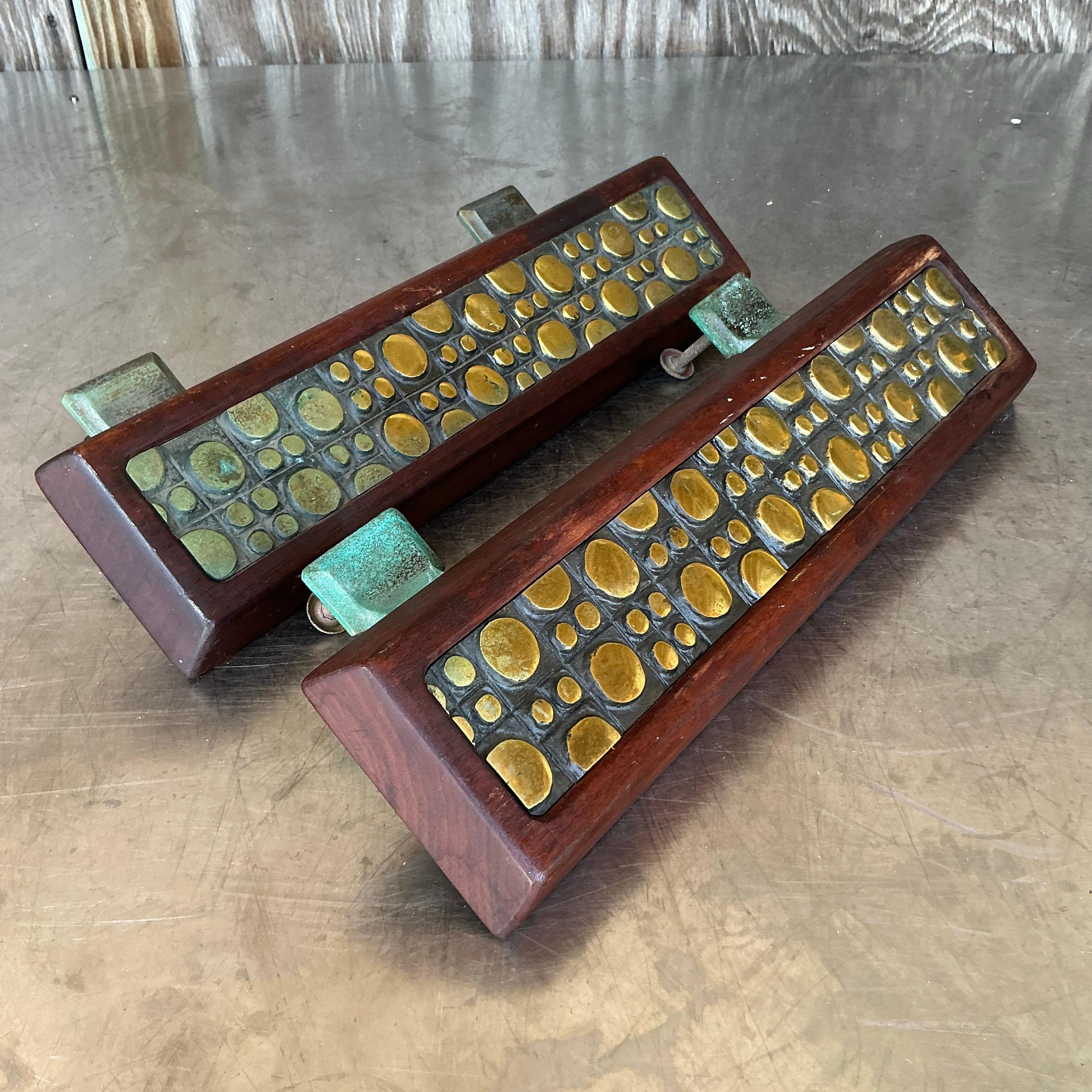 Vintage Boho Mid-Century Modern Patinated Abstract Geometric Door Pulls - a Pr For Sale 1