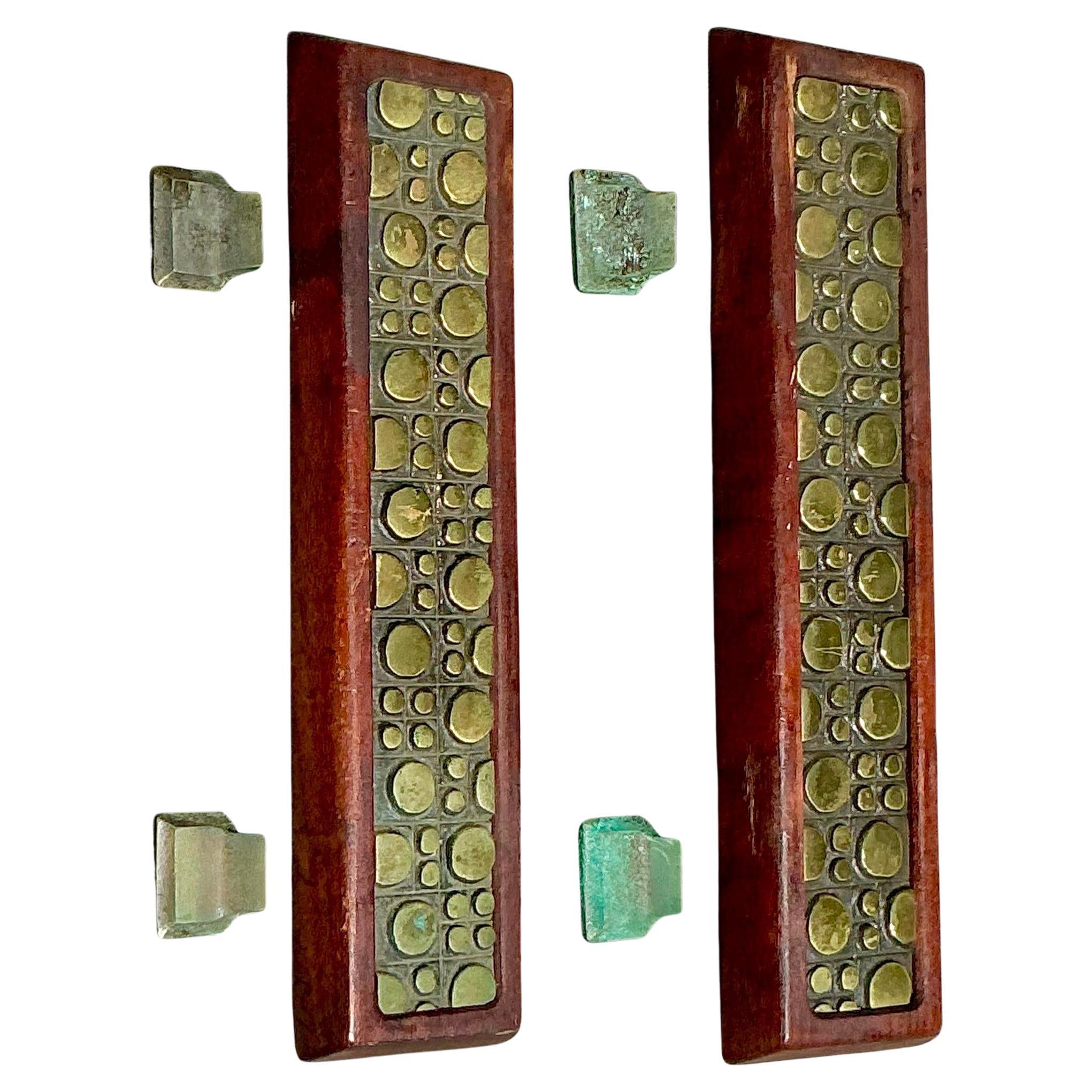 Vintage Boho Mid-Century Modern Patinated Abstract Geometric Door Pulls - a Pr