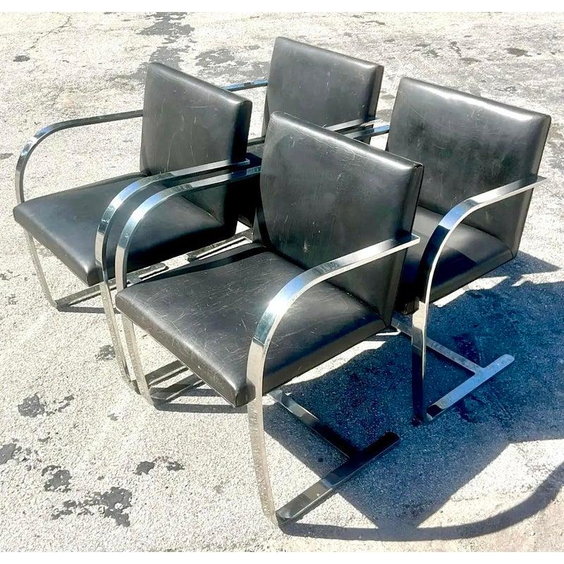 American Vintage Boho Mies Van Der Rohe Brno Leather Dining Chairs - Set of 4 For Sale