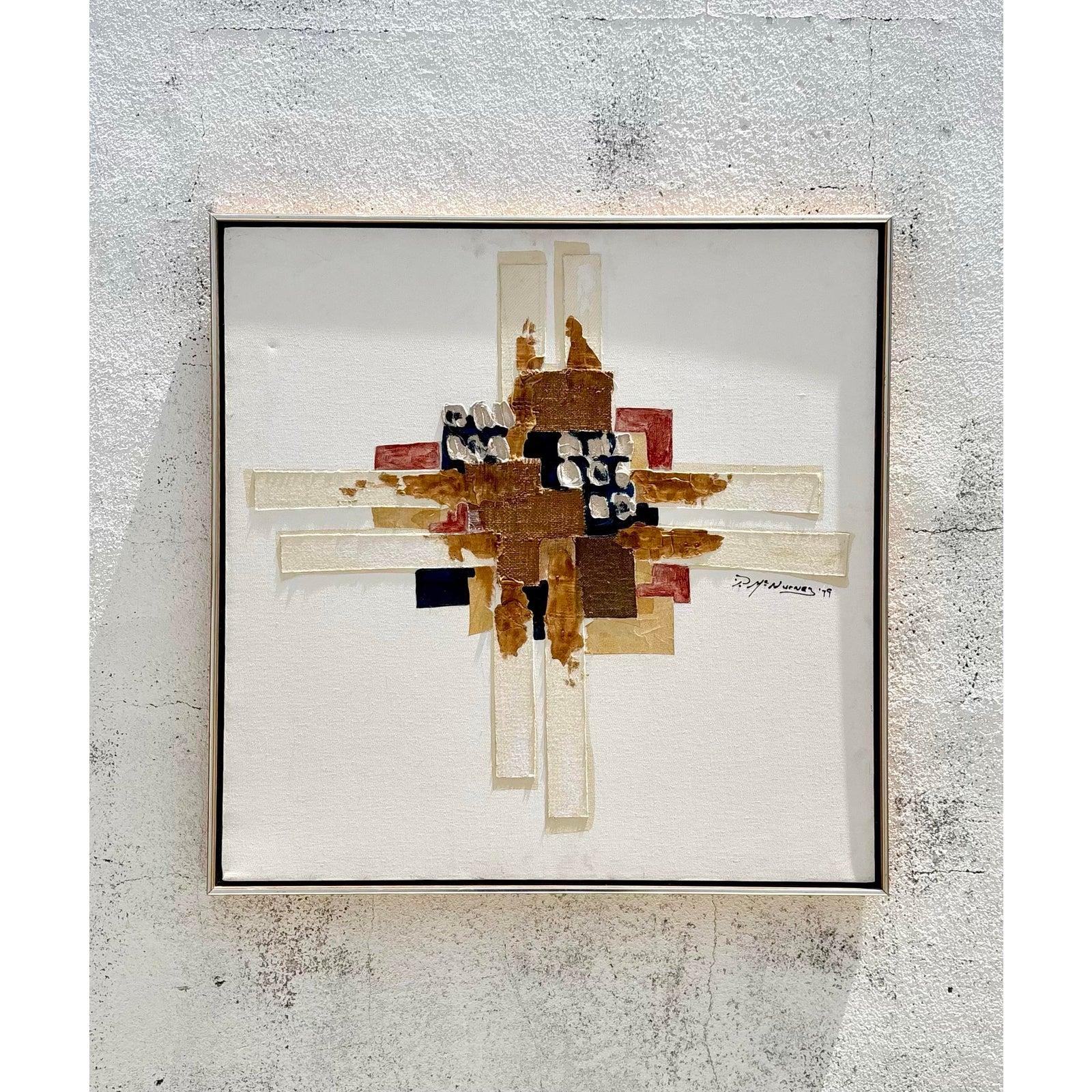 Vintage Boho Mixed Media abstrakte Ölgemälde auf Leinwand (Brutalismus) im Angebot