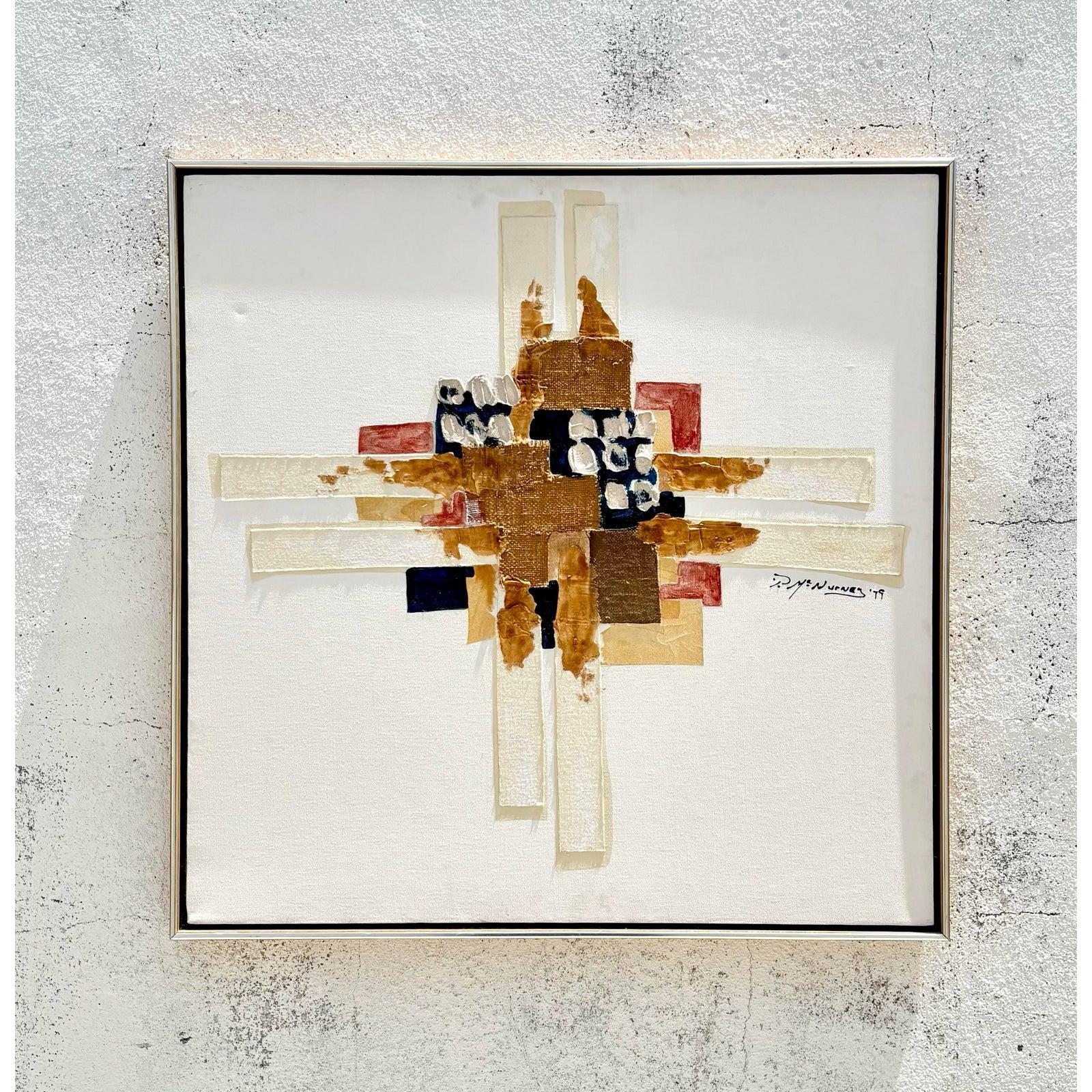 Vintage Boho Mixed Media abstrakte Ölgemälde auf Leinwand (amerikanisch) im Angebot