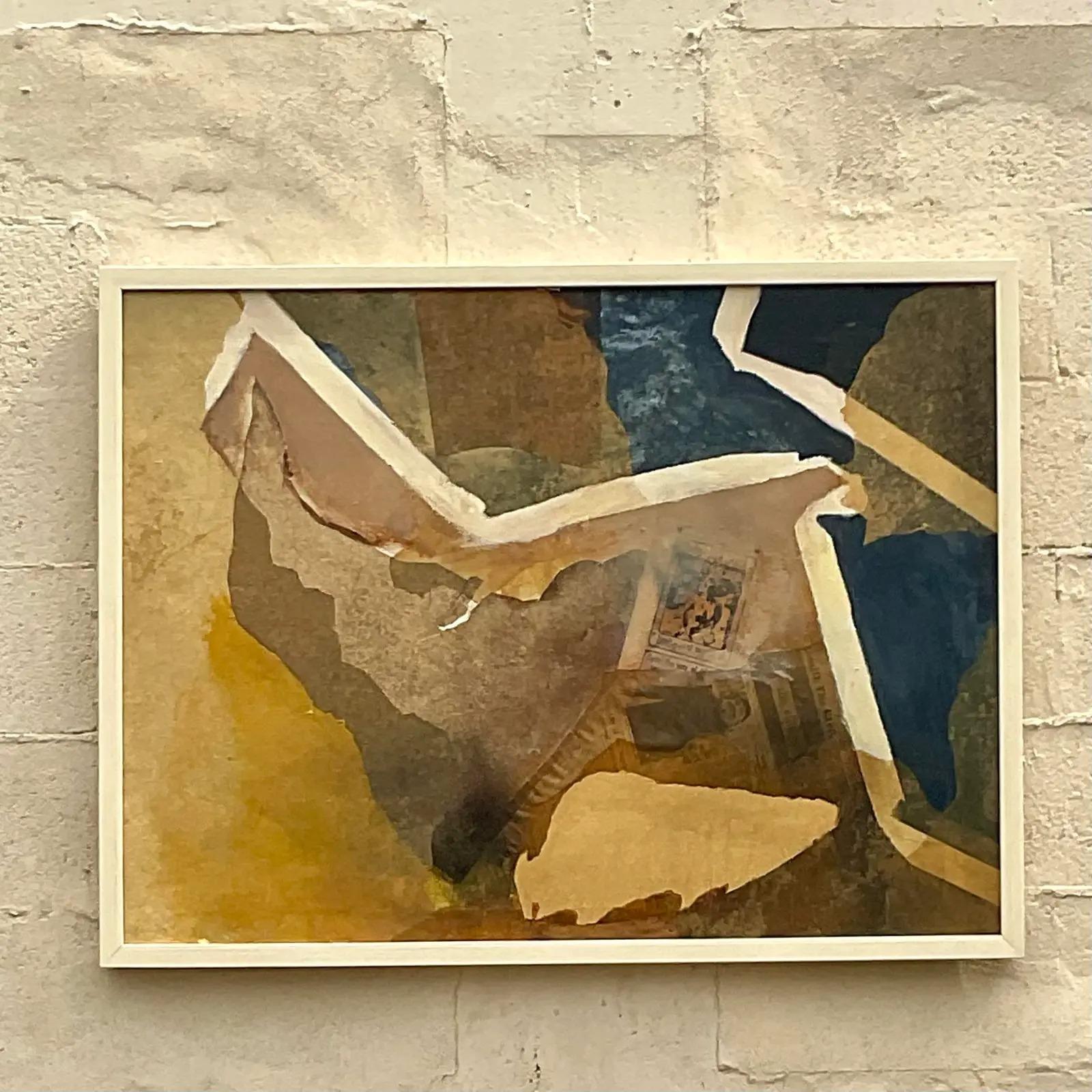 A fantastic vintage original oil on canvas. A chic mixed media composition incorporated into a brilliant Abstract oil painting. Signed on the back. Acquired from a Palm Beach estate.