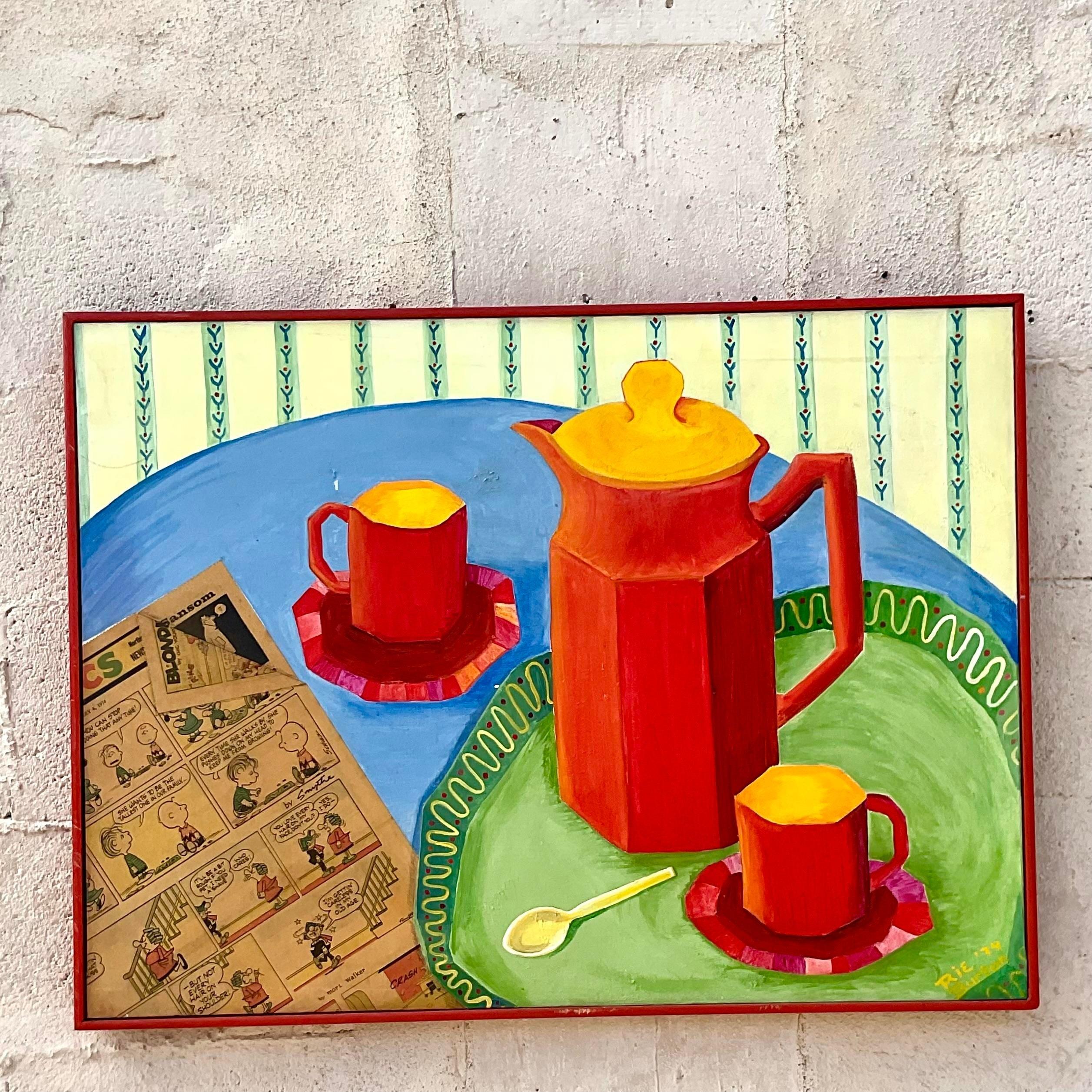 Verleihen Sie Ihrem Raum eklektischen Charme mit unserem Vintage Boho Mixed Media Coffee Service Still Life on Canvas. Dieses einzigartige Kunstwerk kombiniert verschiedene Texturen und leuchtende Farben und schafft so eine fesselnde Darstellung