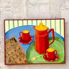 Vintage Boho Mixed Media Service à café Nature morte sur toile Peinture