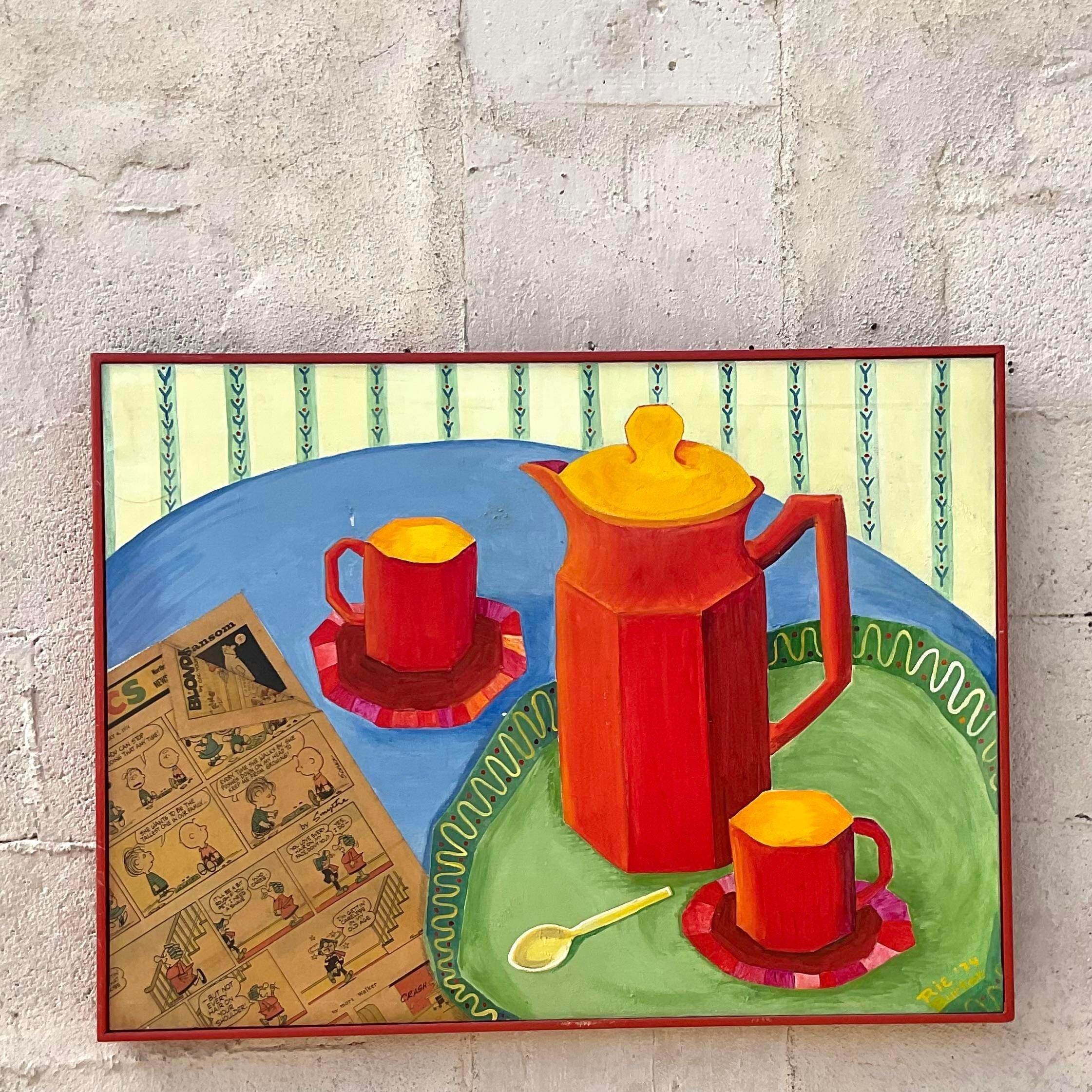Vintage Boho Mixed Media-Couchtisch-Service, Stillleben auf Leinwand, Gemälde (amerikanisch) im Angebot