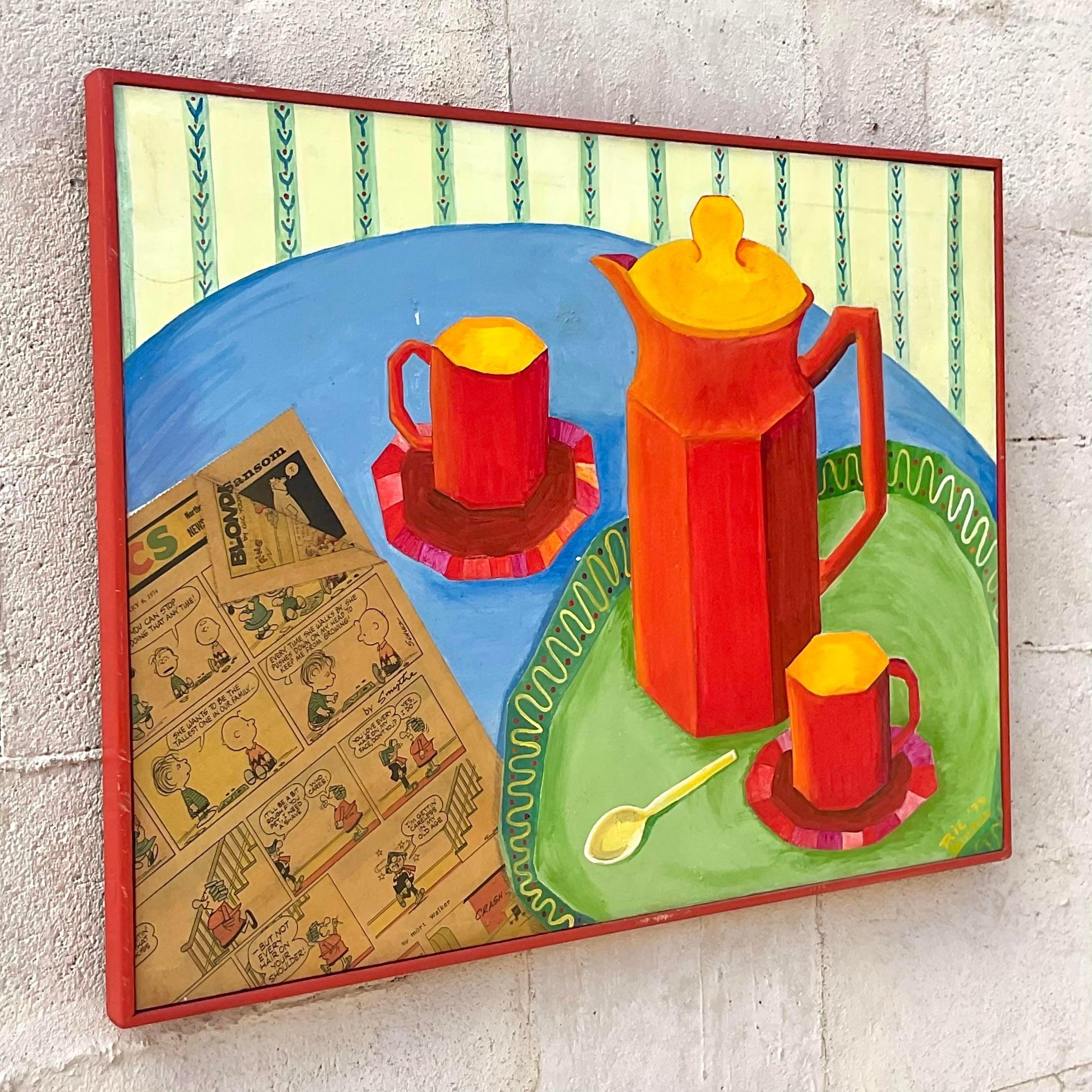 Vintage Boho Mixed Media-Couchtisch-Service, Stillleben auf Leinwand, Gemälde im Zustand „Gut“ im Angebot in west palm beach, FL