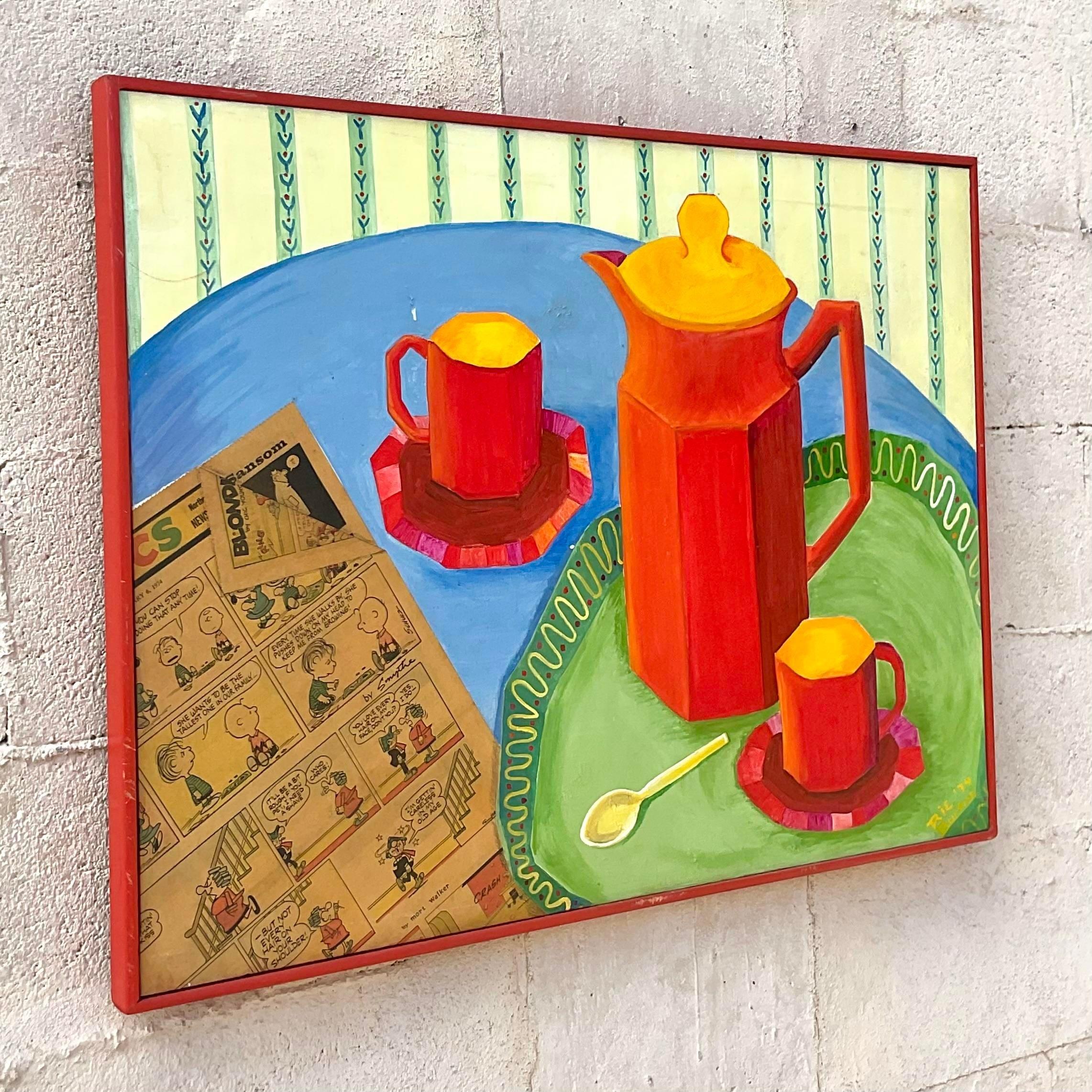 Vintage Boho Mixed Media-Couchtisch-Service, Stillleben auf Leinwand, Gemälde (Mitte des 20. Jahrhunderts) im Angebot