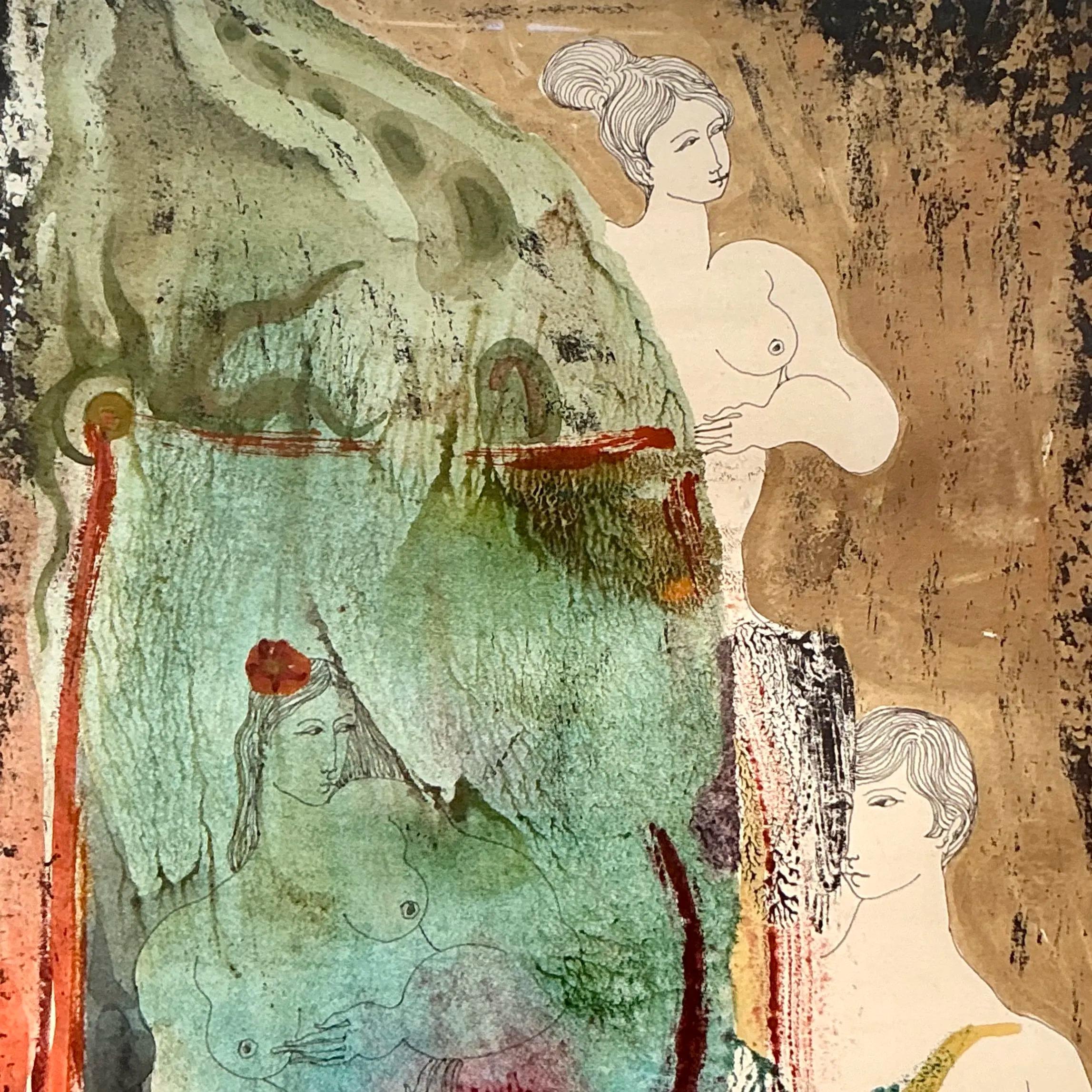 Dieses elegante Vintage-Kunstwerk ist eine fesselnde Mixed-Media-Komposition mit abstrakten nackten Figuren, die mit einer künstlerischen Mischung aus leuchtenden Farben und komplizierten Details dargestellt sind. Das Werk zeigt ein Zusammenspiel