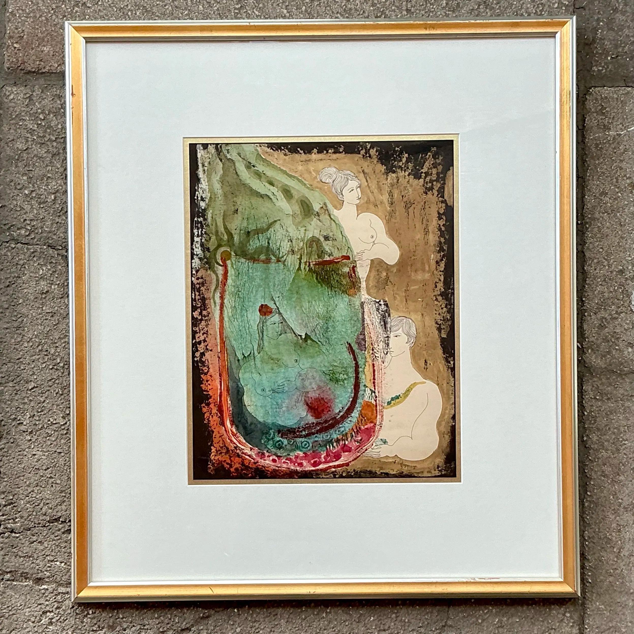 Vintage Boho Mixed Media Akt auf Papier (amerikanisch) im Angebot