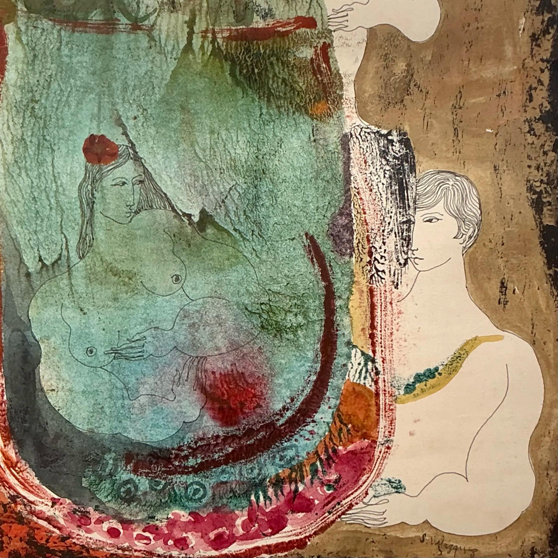 Vintage Boho Mixed Media Akt auf Papier im Zustand „Gut“ im Angebot in west palm beach, FL