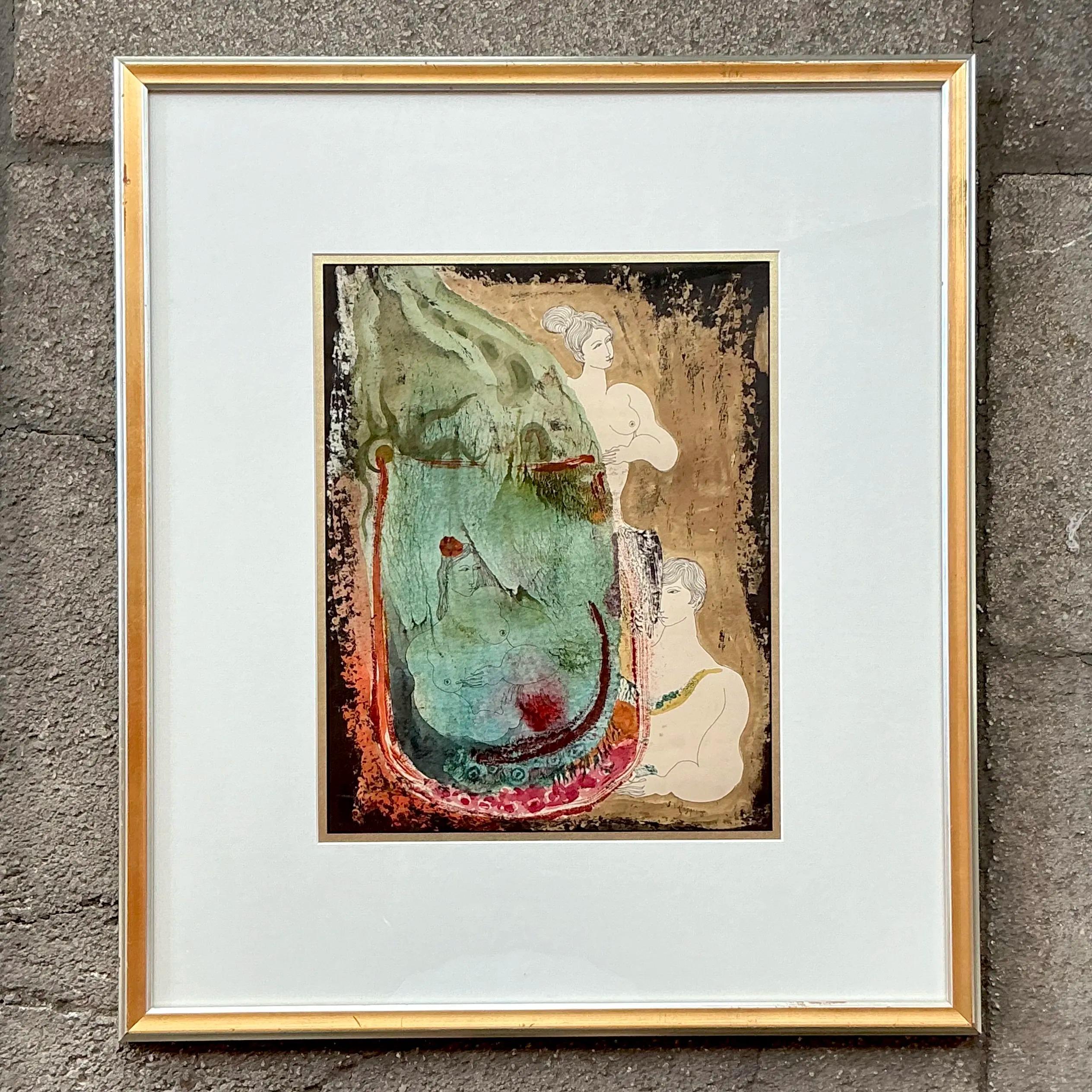 Vintage Boho Mixed Media Akt auf Papier (Glas) im Angebot