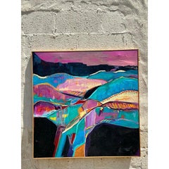 Vintage Boho Mixed Media Pintura original de paisaje sobre lienzo