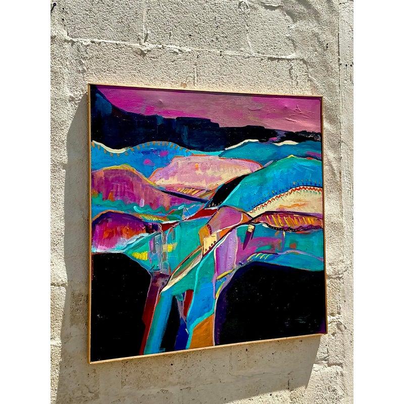 Vintage Boho Mixed Media Original Landschaftsgemälde auf Leinwand, Vintage (amerikanisch) im Angebot