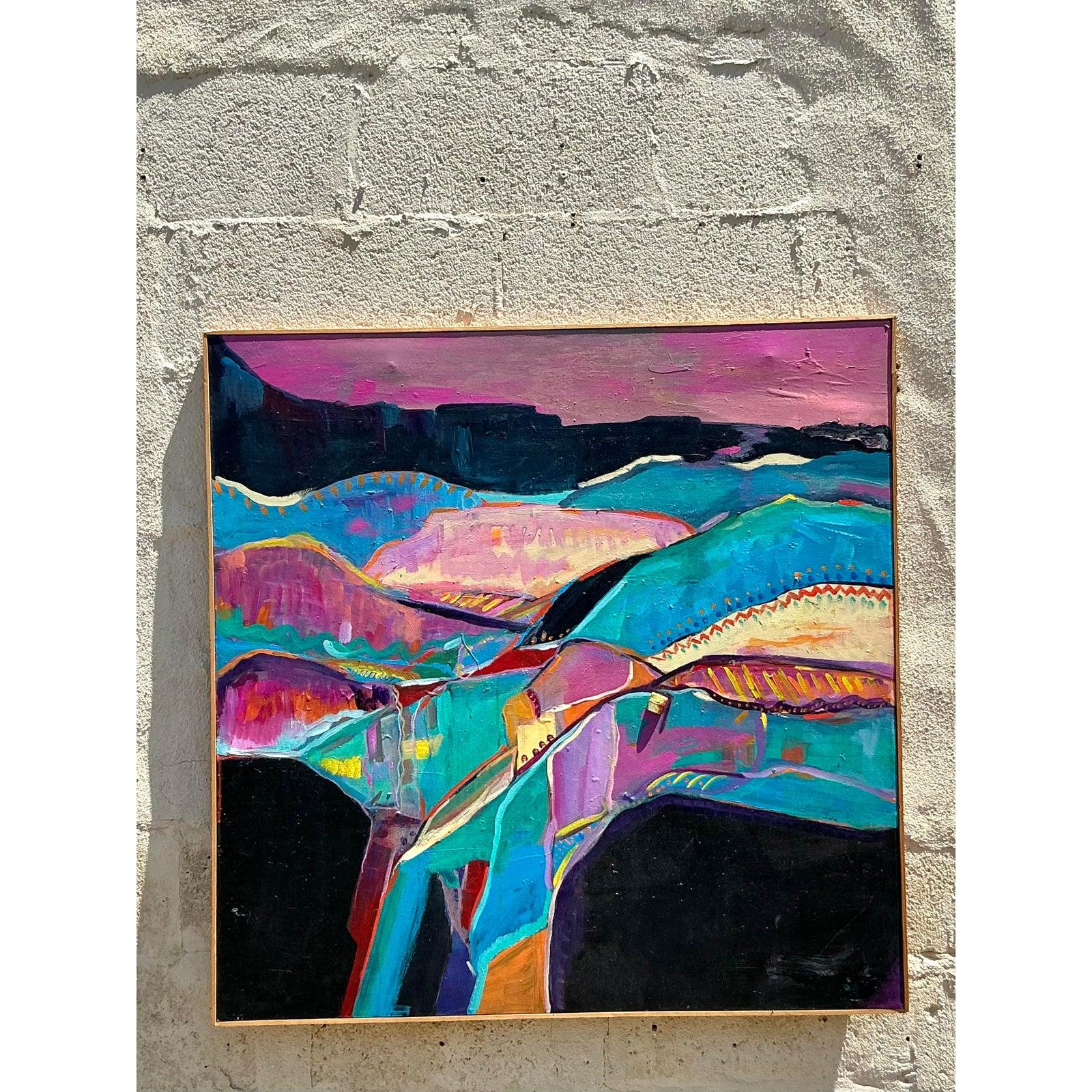Vintage Boho Mixed Media Original Landschaftsgemälde auf Leinwand, Vintage im Zustand „Gut“ im Angebot in west palm beach, FL