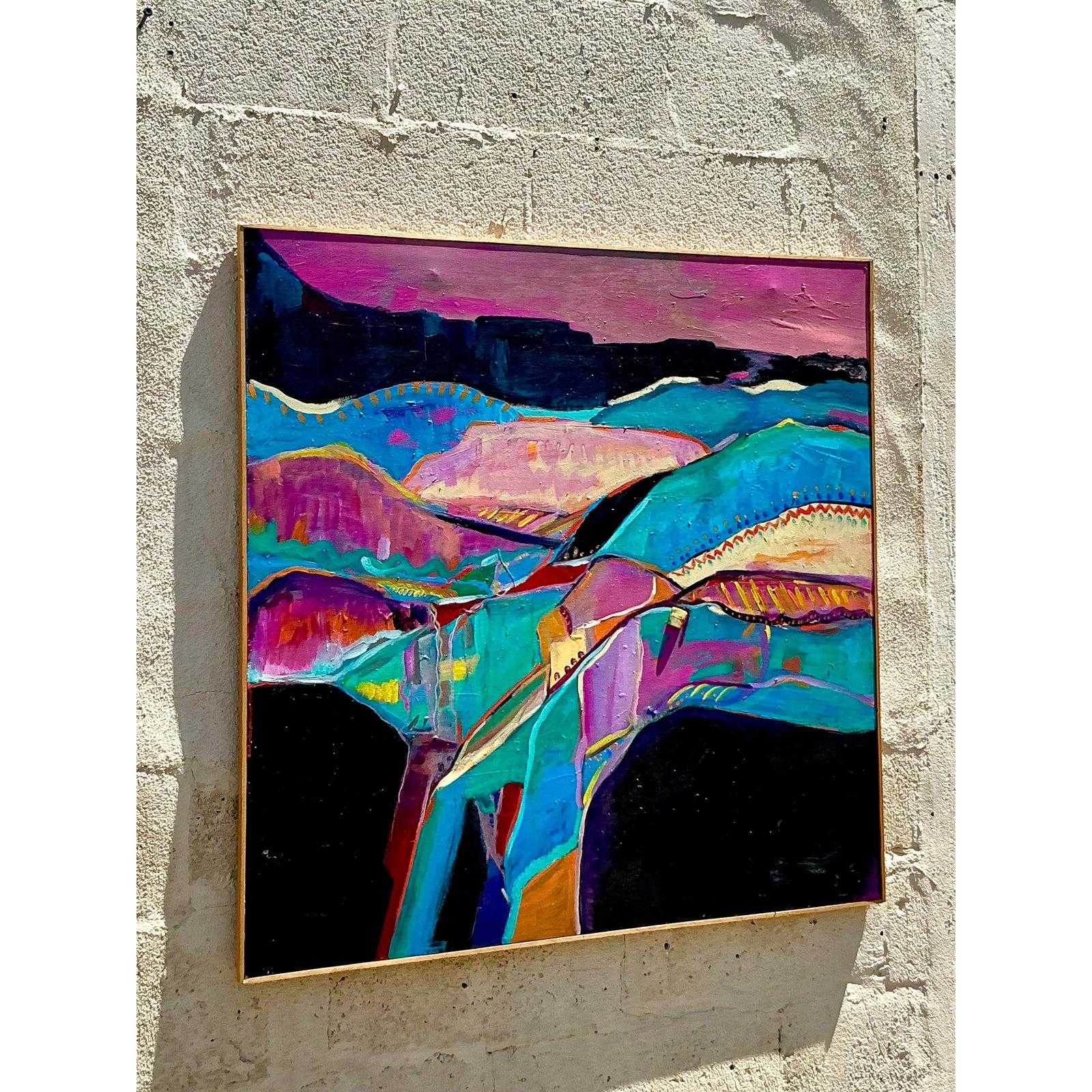 Vintage Boho Mixed Media Original Landschaftsgemälde auf Leinwand, Vintage (20. Jahrhundert) im Angebot