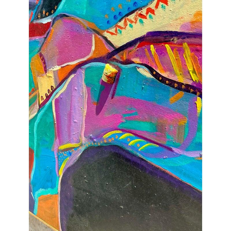 Vintage Boho Mixed Media Original Landschaftsgemälde auf Leinwand, Vintage im Angebot 1