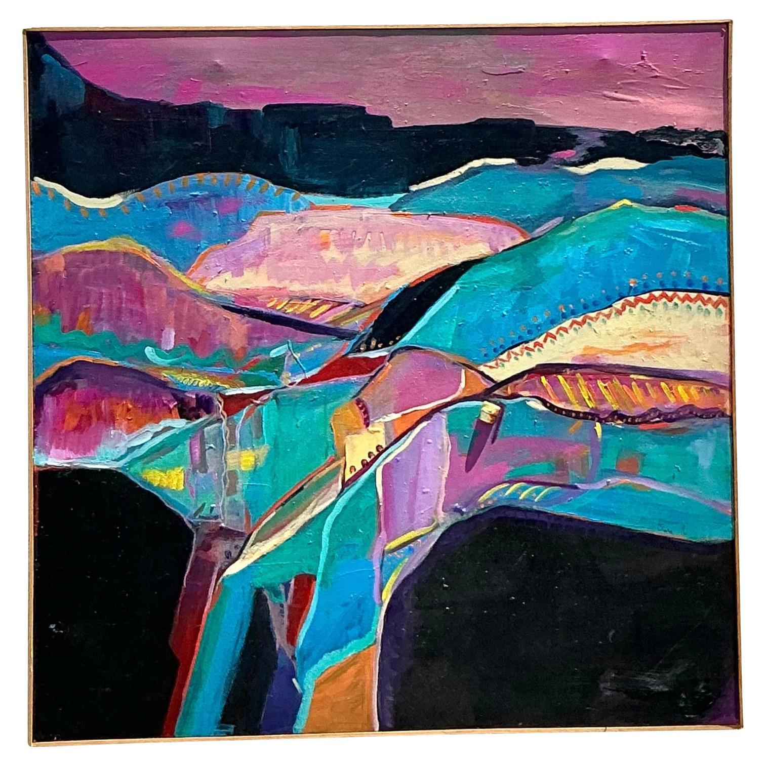 Vintage Boho Mixed Media Pintura original de paisaje sobre lienzo