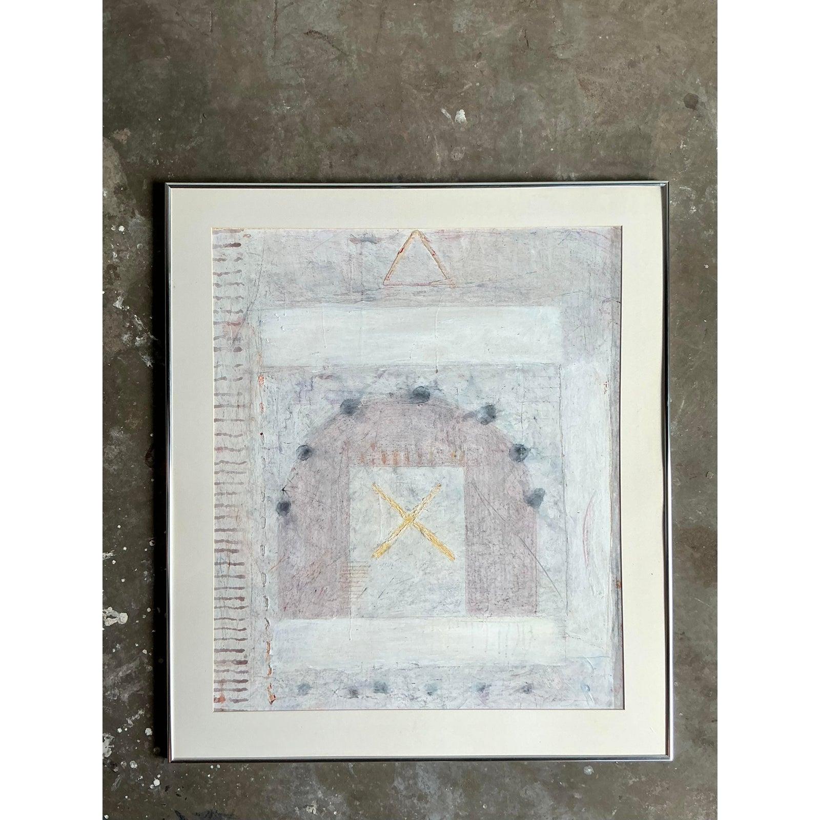 Vintage Boho Mixed Media Aquarell auf Papier (Minimalistisch) im Angebot