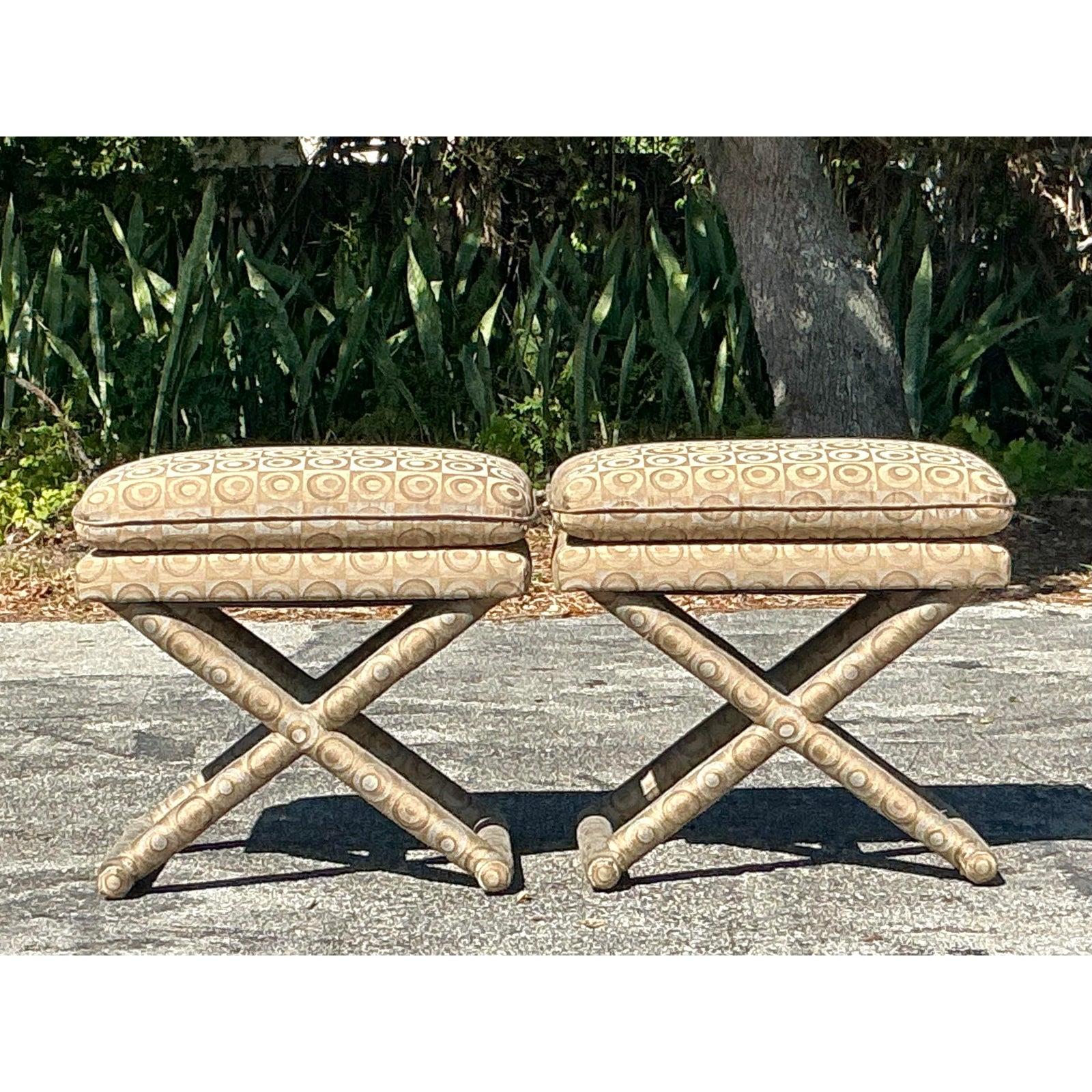 Hollywood Regency Vintage Boho Mod Jacquard X Bench - A Pair For Sale