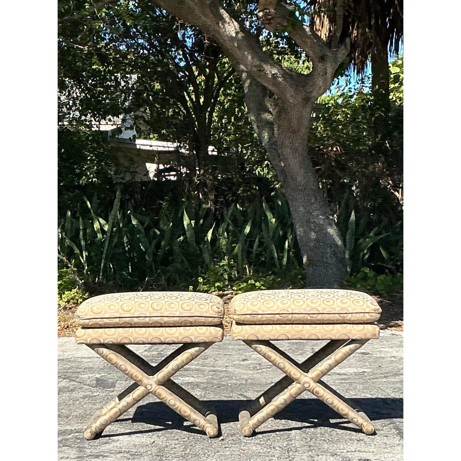 American Vintage Boho Mod Jacquard X Bench - A Pair For Sale