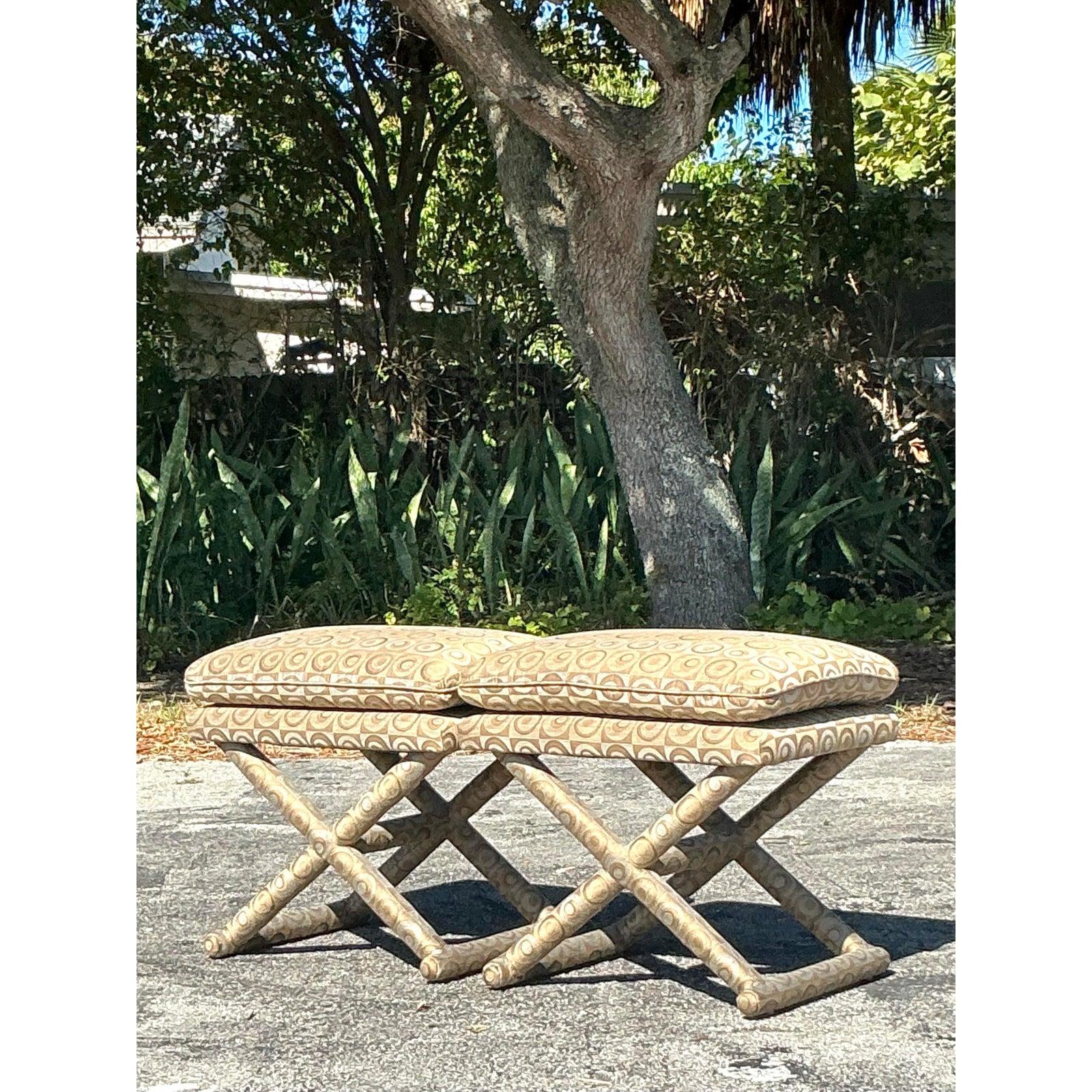 Vintage Boho Mod Jacquard X Bench - A Pair In Good Condition For Sale In west palm beach, FL