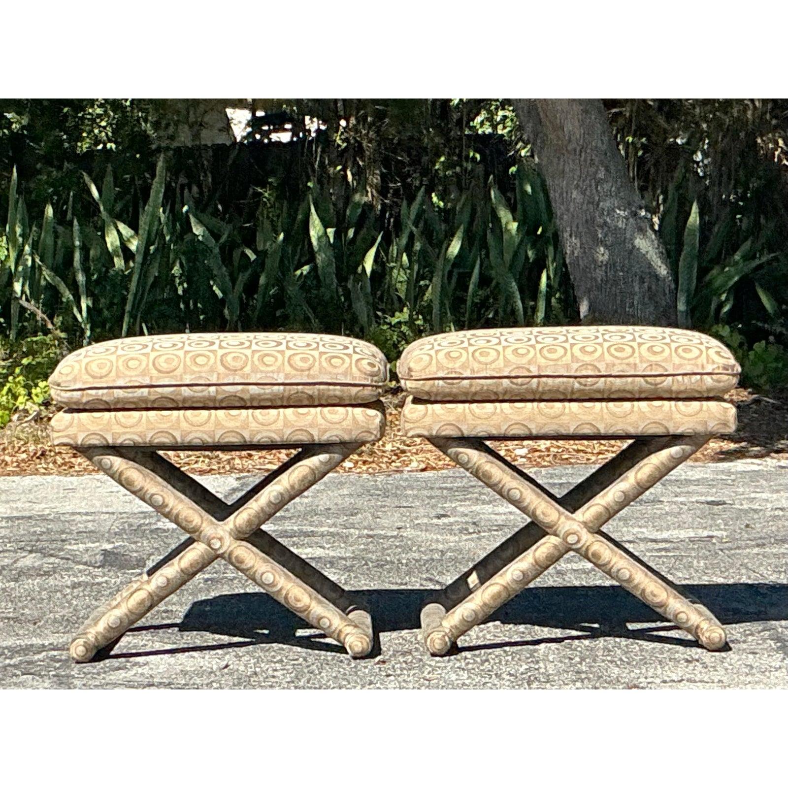 Contemporary Vintage Boho Mod Jacquard X Bench - A Pair For Sale