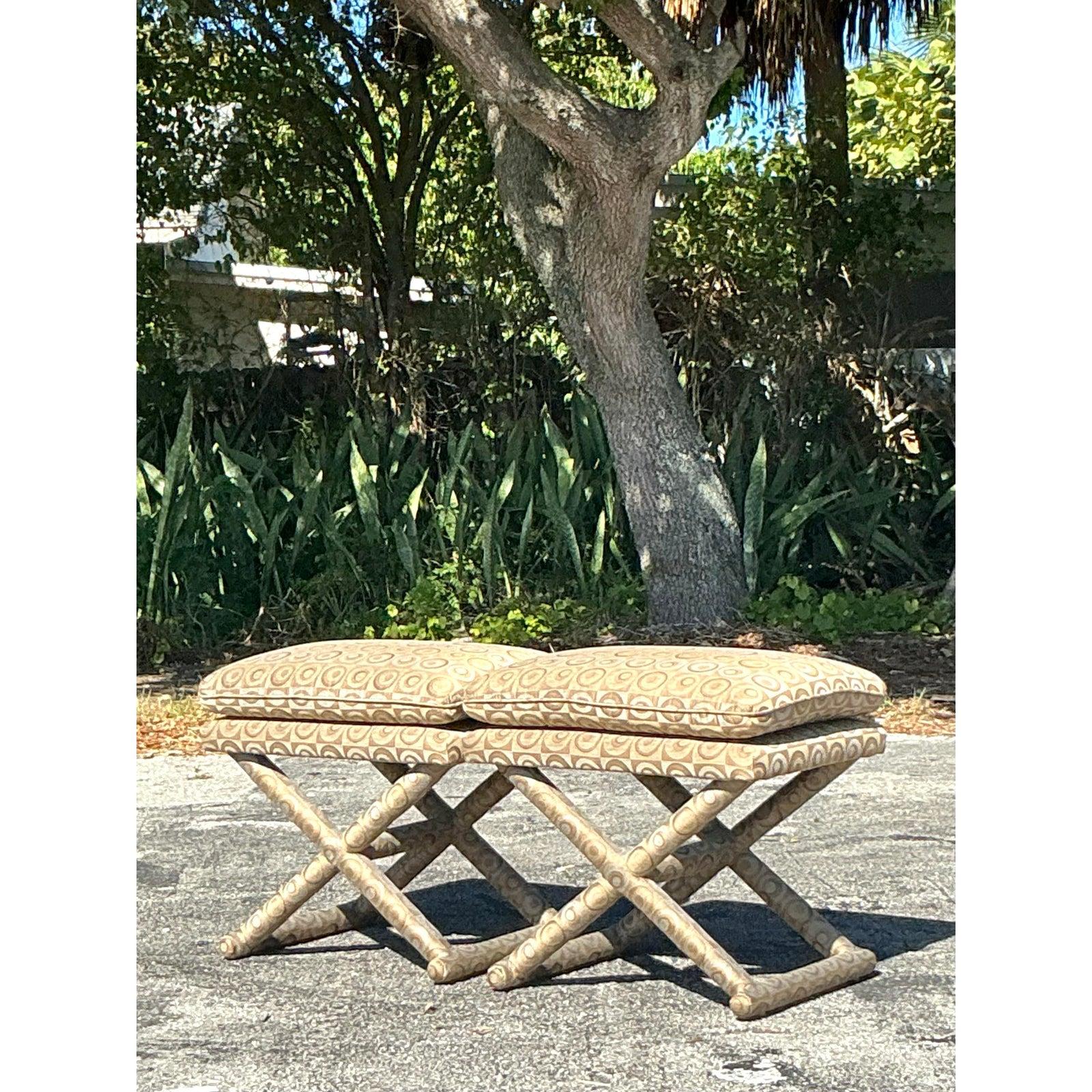 Fabric Vintage Boho Mod Jacquard X Bench - A Pair For Sale