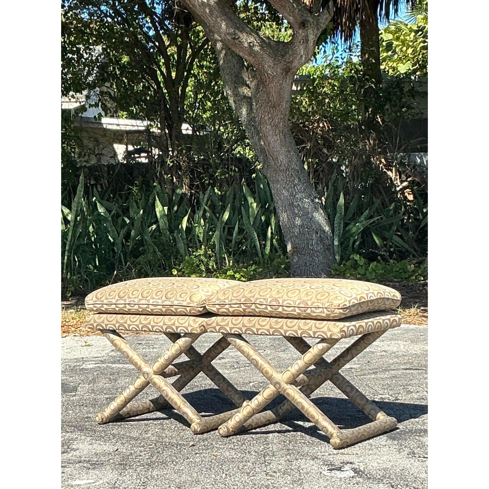 Vintage Boho Mod Jacquard X Bench - A Pair For Sale 1