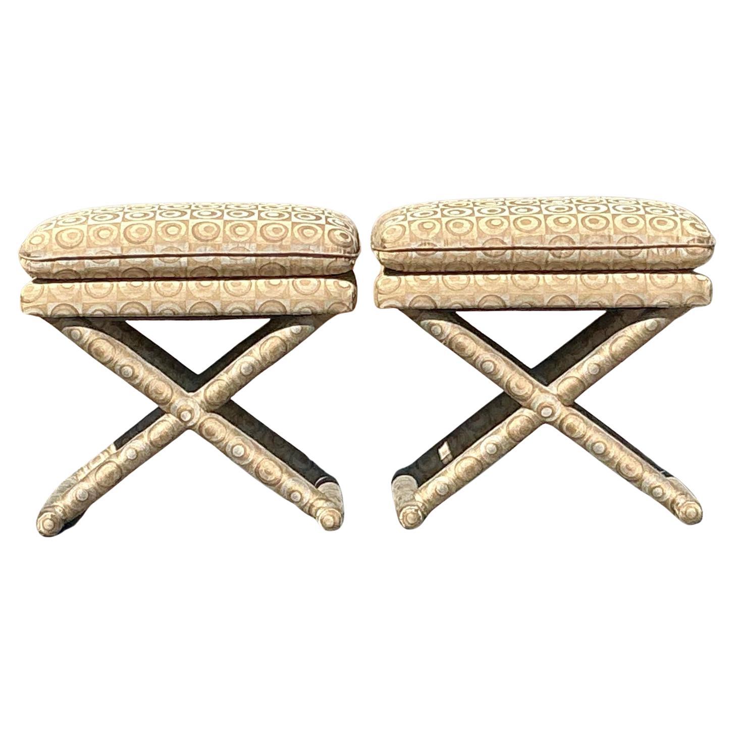 Vintage Boho Mod Jacquard X Bench - A Pair For Sale