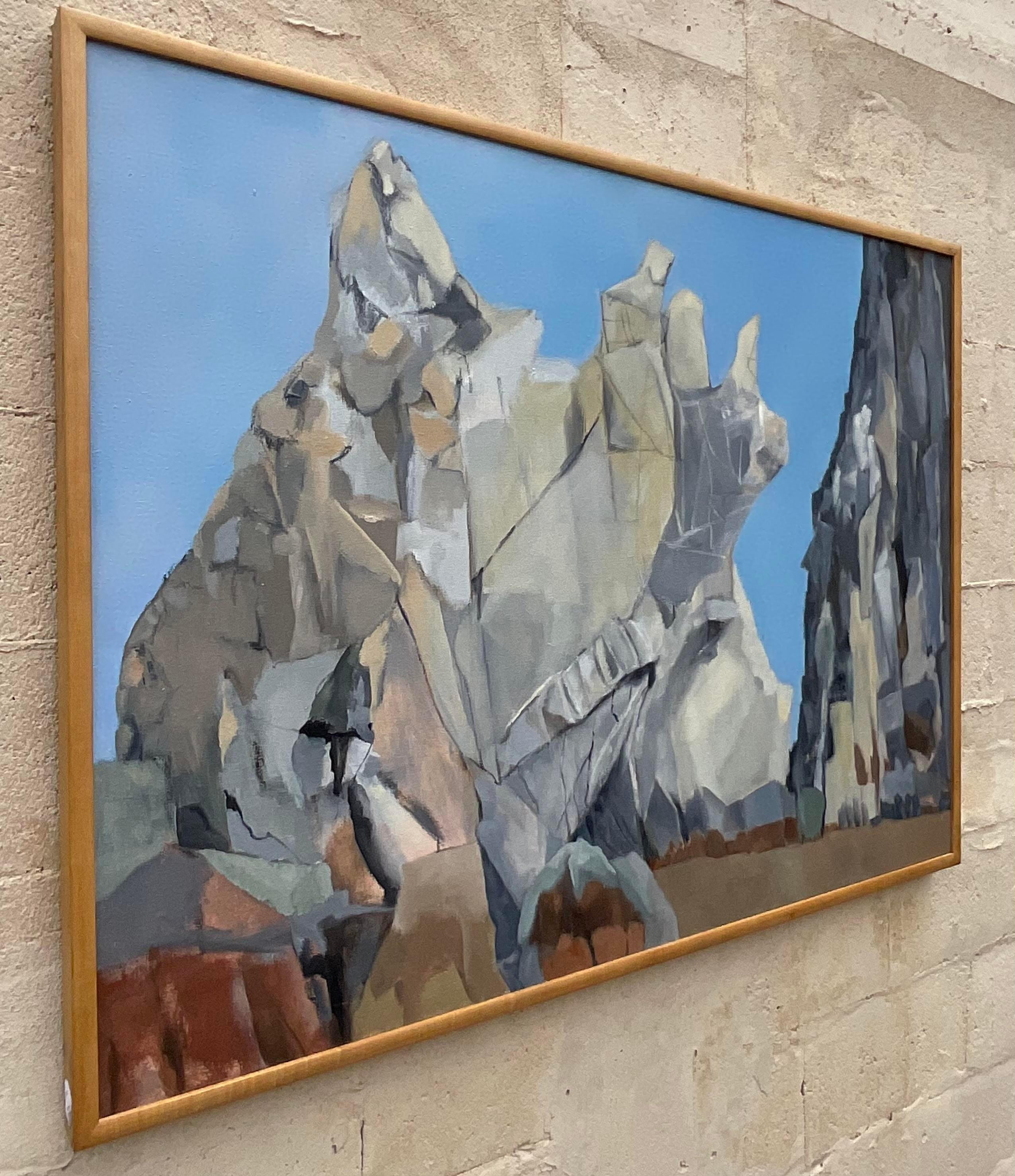 Verschönern Sie Ihren Raum mit dem Vintage Boho Modernist Landscape Oil On Canvas Painting. Dieses Kunstwerk im amerikanischen Stil verbindet böhmische Eleganz mit modernistischem Design. Die lebendigen, abstrakten Landschaften verleihen jedem Raum